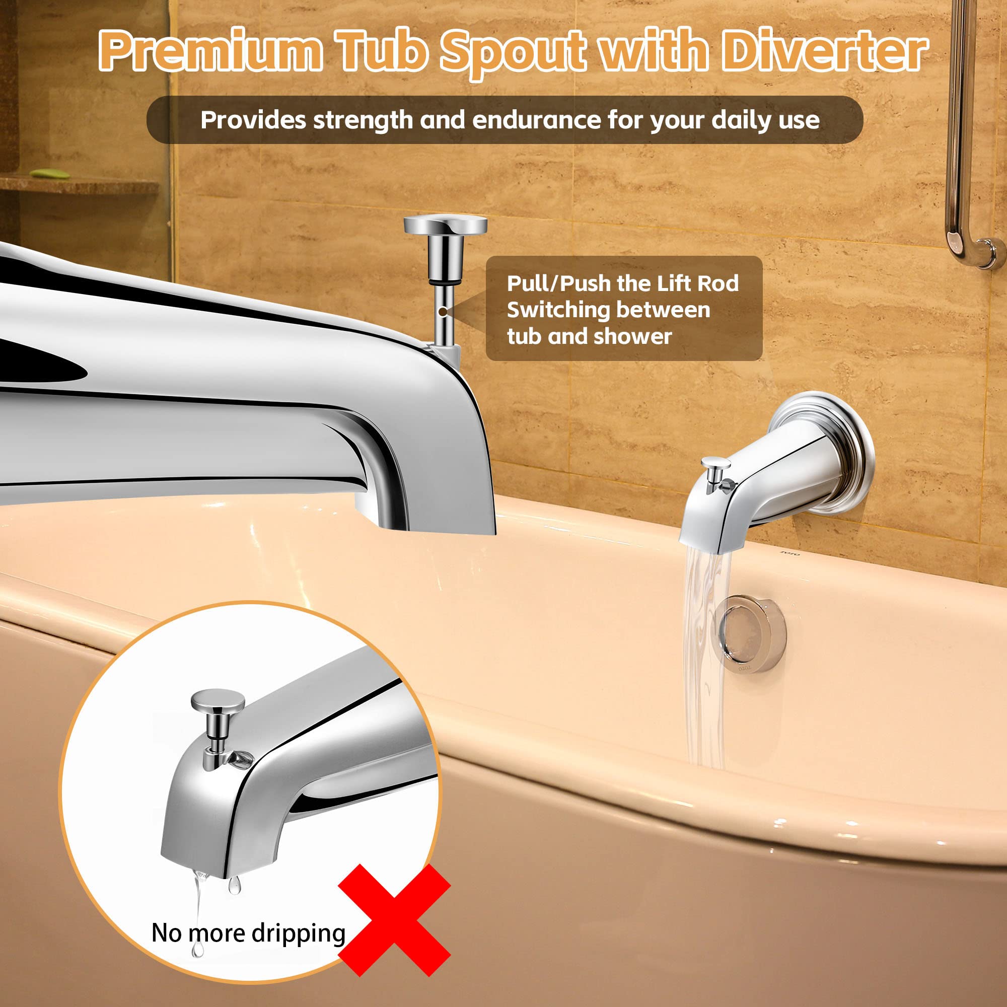 Dreyoo Tub Spout (Universal Fits 1/2" Copper Pipe, 1/2" IPS and 3/4" IPS), Bathroom Bathtub Faucet with Adapters and Hex Wrench(Brushed Nickel,Simple)