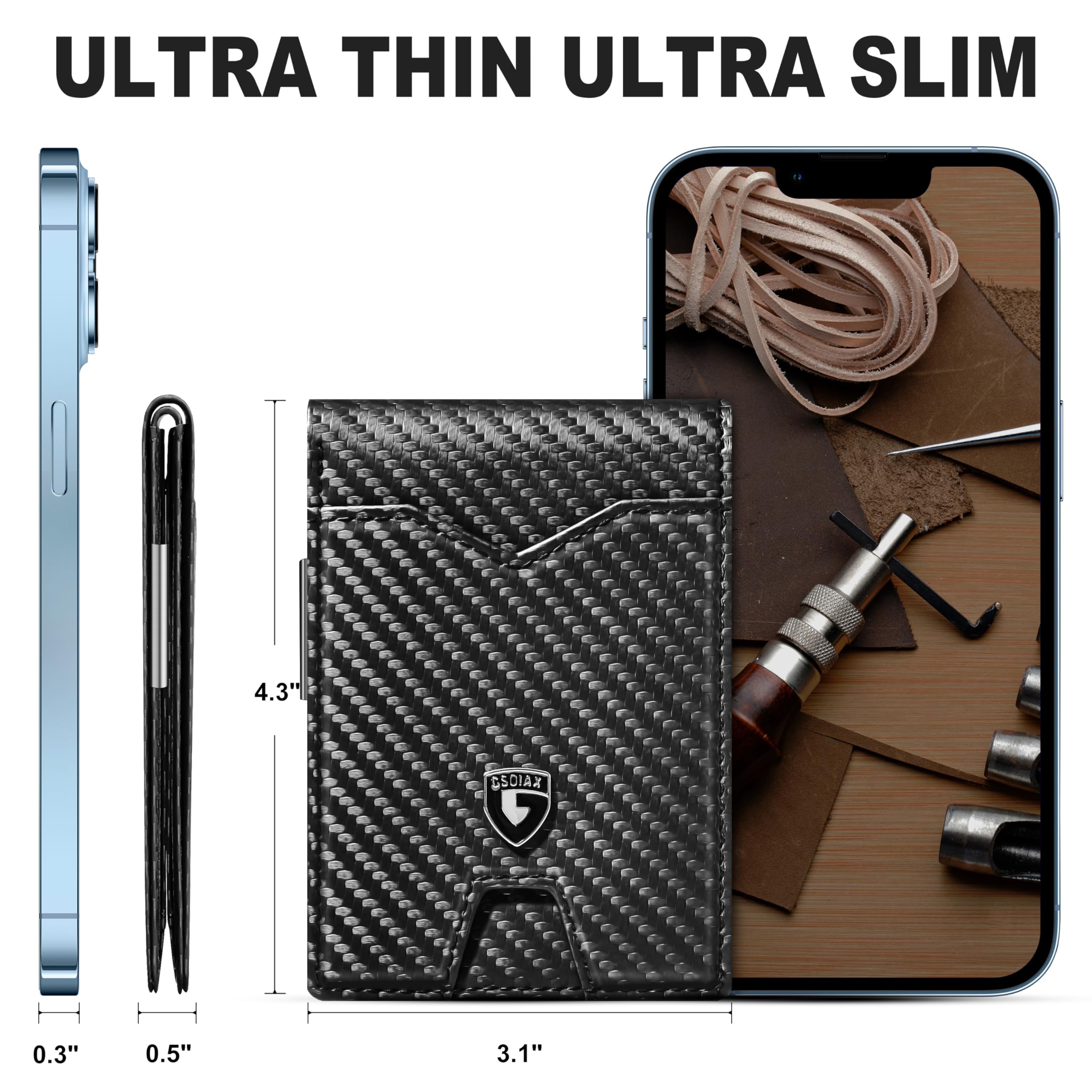 GSOIAX Slim Wallet for Men Rfid Blocking Leather Bifold Front Pocket Carbon Fiber Men's Money Clips Credit Card Holder With Gift Box
