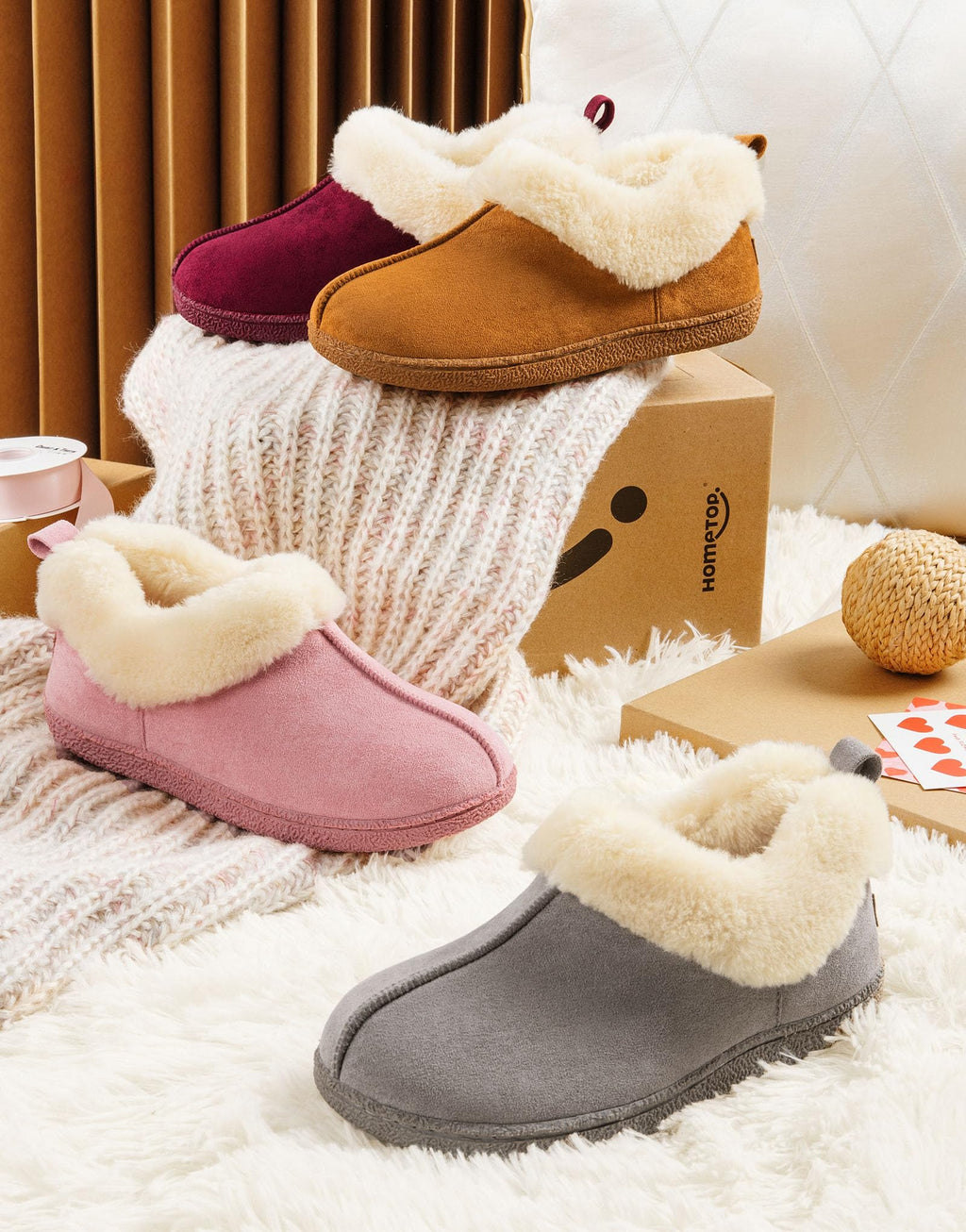 HomeTop Women's Closed-back Slippers Faux Wool Warm Non-slip Outdoor Indoor House Shoes with Fuzzy Collar