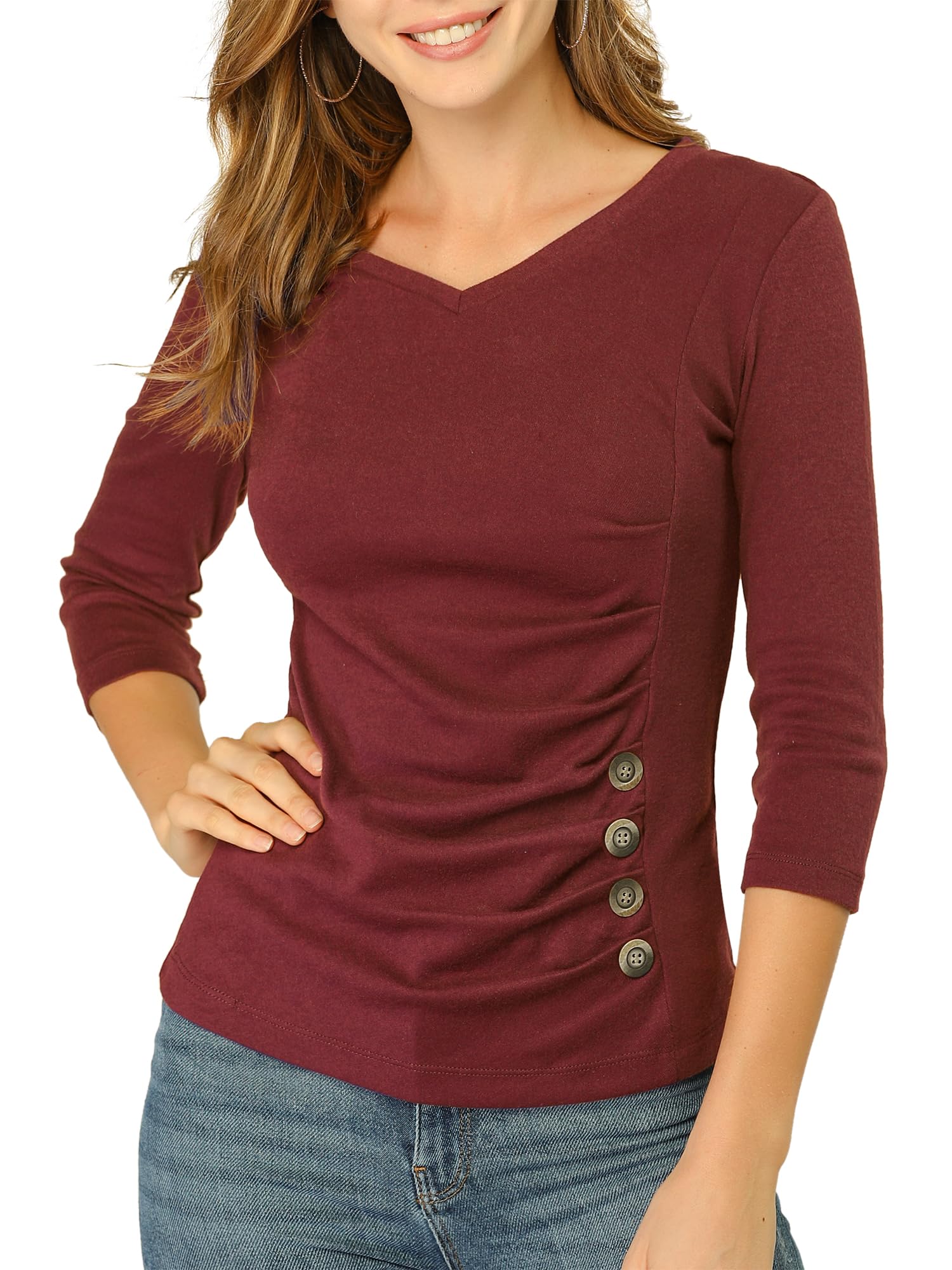 Allegra K Women's V Neck Tops 3/4 Sleeves Solid Knitted Buttons Decor Ruched Blouse