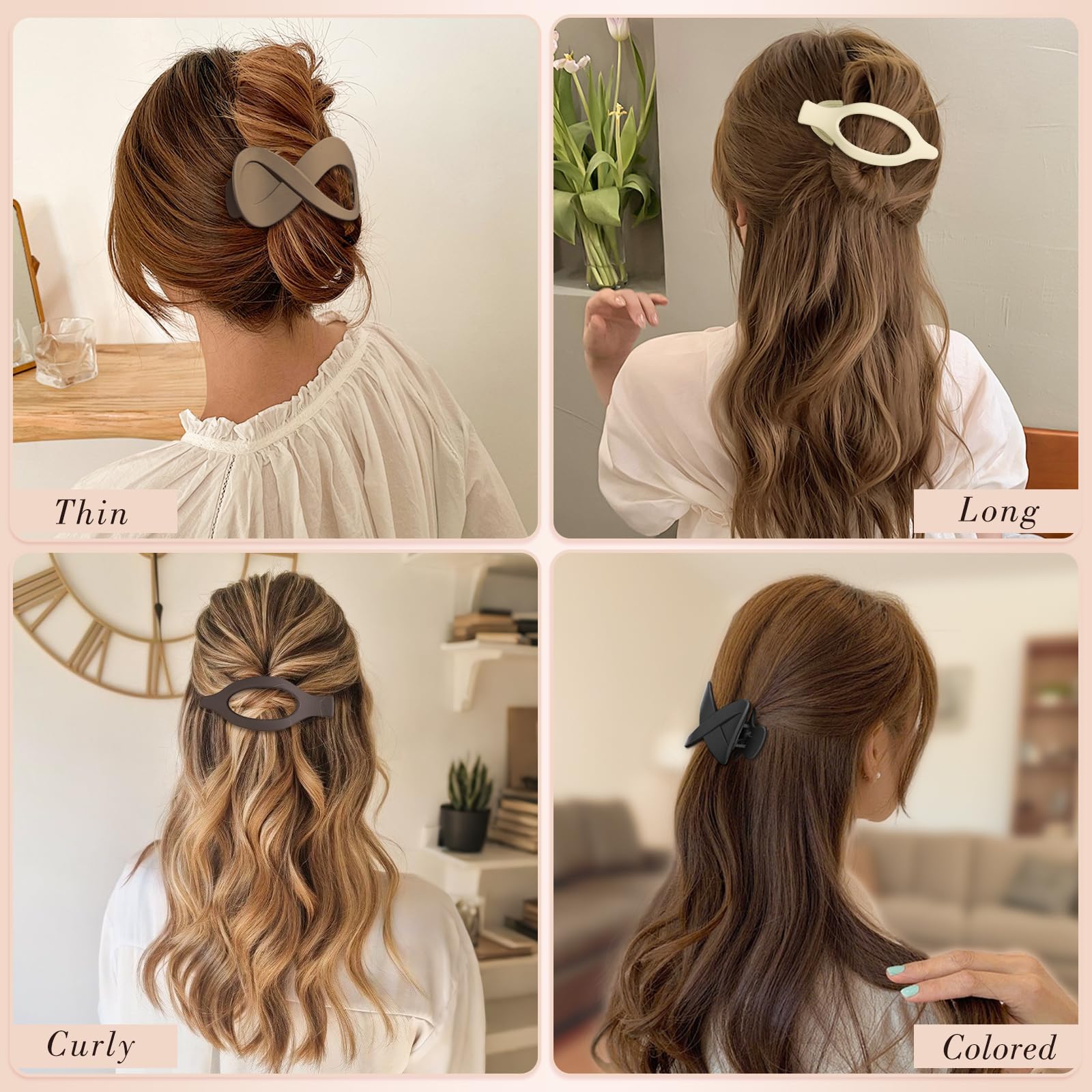 Obeoby 8 Pcs Flat Claw Clips for Women, Strong Hold French Flat Hair Clips for Thick Thin Hair Barrettes Accessories Round Large Medium (Tortoiseshell)