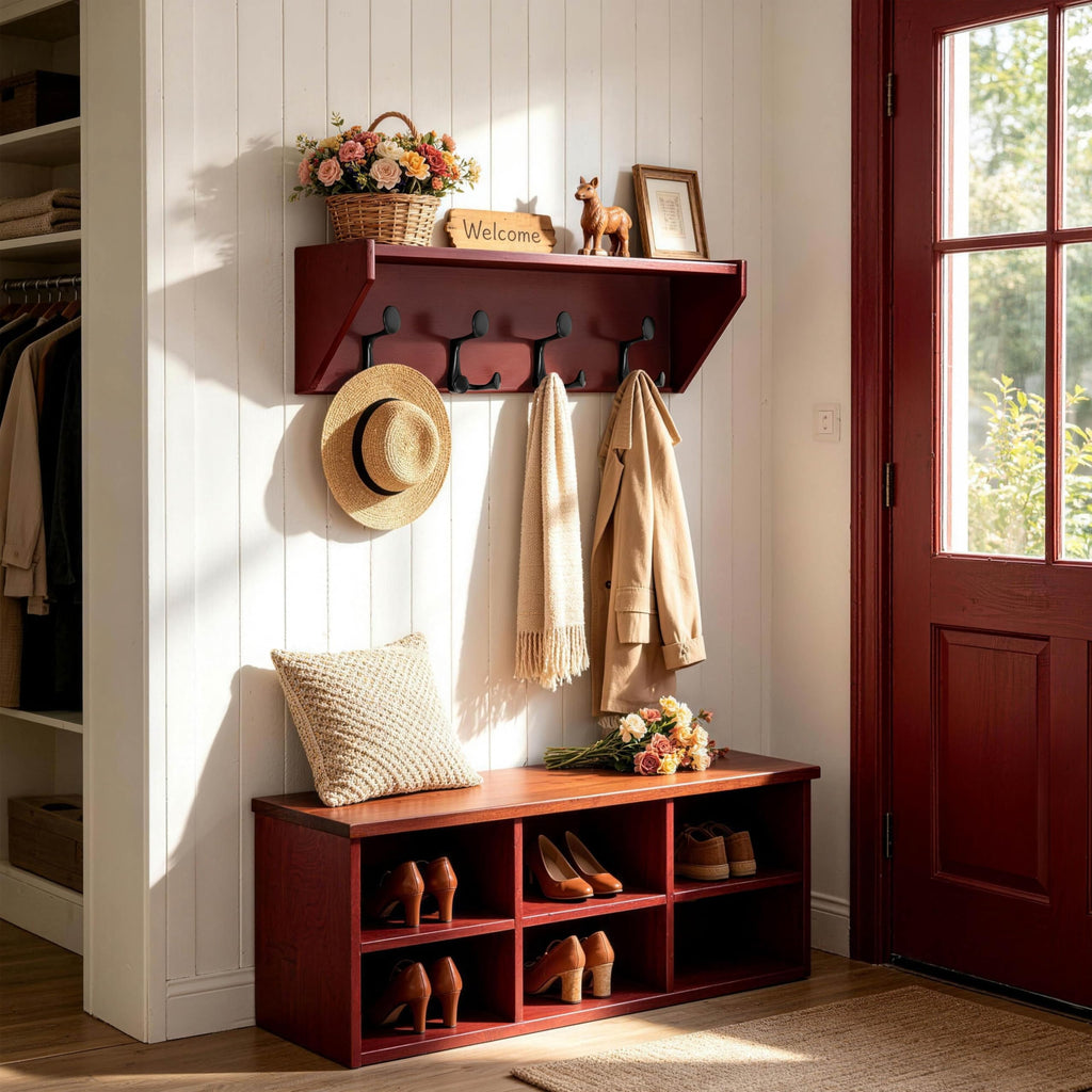 SKOLOO Wall Shelf with Hooks, 24-Inch Cherry Coat Rack Wall Mount with Shelf Organizer - Heavy Duty, 4 Tri Hooks - Perfect for Entryway, Hallway, Living Room, Bedroom, Mudroom