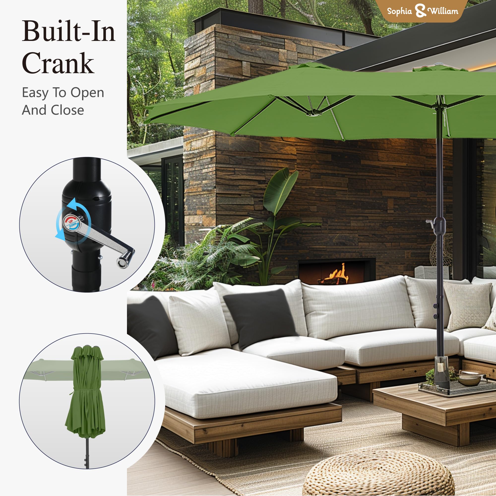 Sophia & William 15 ft Extra Large Patio Umbrella with Base Included, Rectangular Outdoor Umbrella Heavy Duty, Market Umbrella Double-sided Fade Resistant for Pool Garden Backyard, Beige