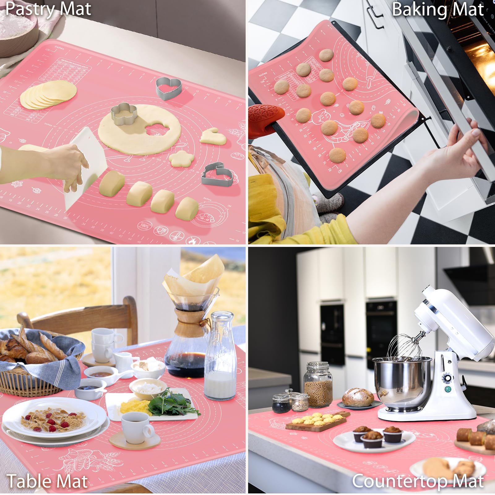 Silicone Baking Mat 24" x 16" Extra Thick Non-stick Pastry Mat with Measurements and Edge Heightening, Food Grade Silicone for Countertop Dough Rolling Making Bread, Cookies, Pizza, Fondant, Pasta