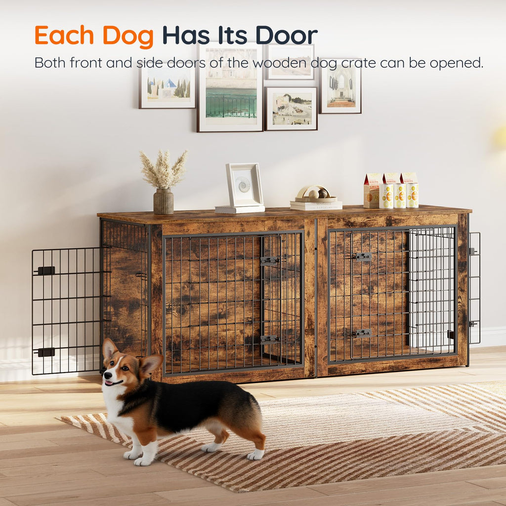 HOOBRO Dog Crate Furniture for 2 Dogs, 63" Large Double Dog Crate Furniture with Divider, Wooden Indoor Kennel TV Stand for Medium Large Dogs, Rustic Brown BF55GW03