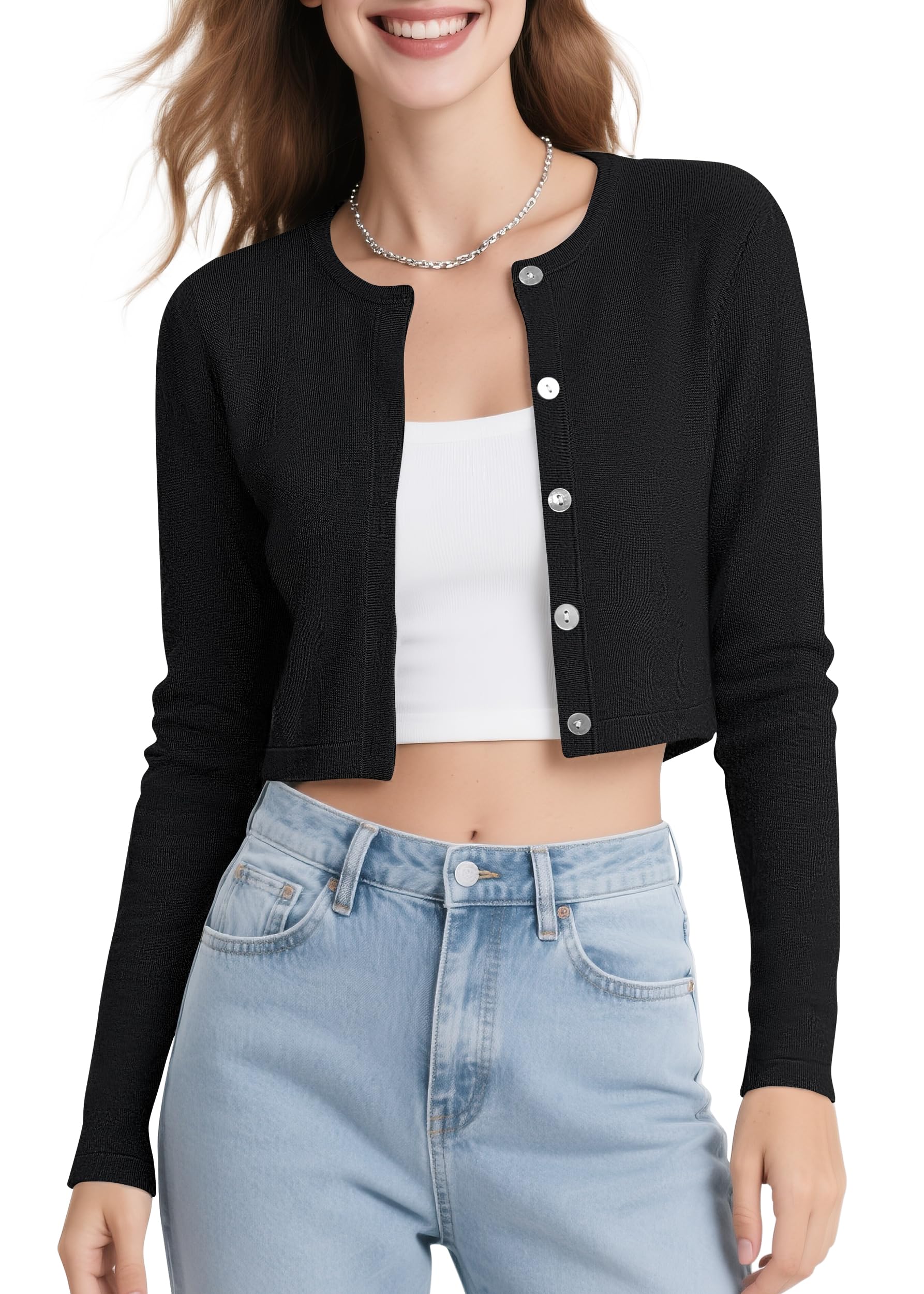 Urban CoCo Women's Long Sleeve Button Up Cropped Cardigan Sweaters for Women Crew Neck Short Bolero Shrug for Dresses