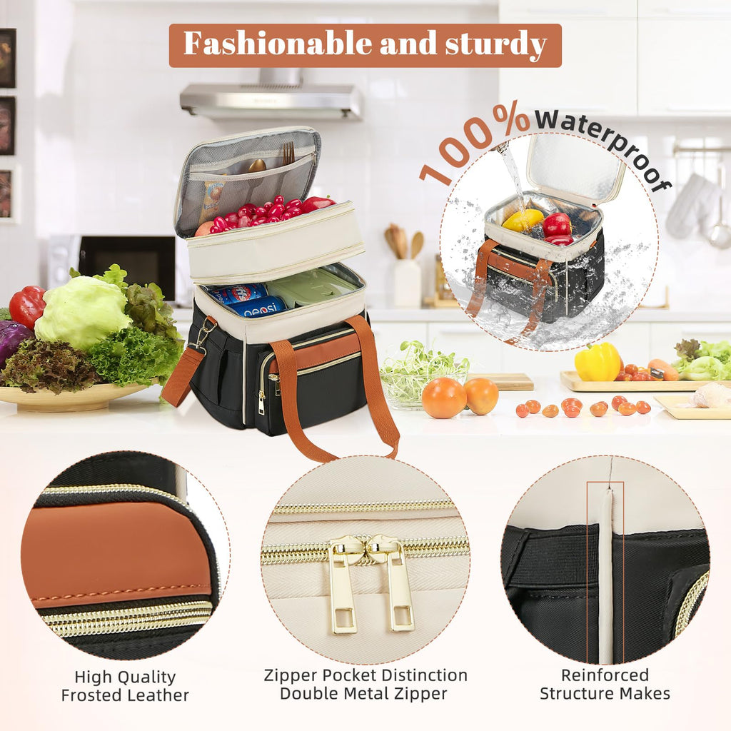 holuxer Insulated Lunch Bag & Lunch Box for Men - Double Deck Reusable Lunch Bag for Women Tote Cooler Bag Leakproof Soft Expandable - Large Lunchbox for Work/Adult/Picnic/Outdoor (Black，15L)