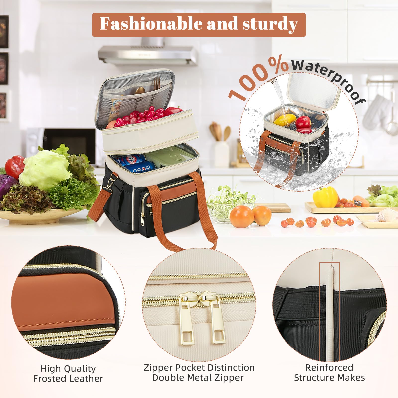 holuxer Insulated Lunch Bag & Lunch Box for Men - Double Deck Reusable Lunch Bag for Women Tote Cooler Bag Leakproof Soft Expandable - Large Lunchbox for Work/Adult/Picnic/Outdoor (Black，15L)