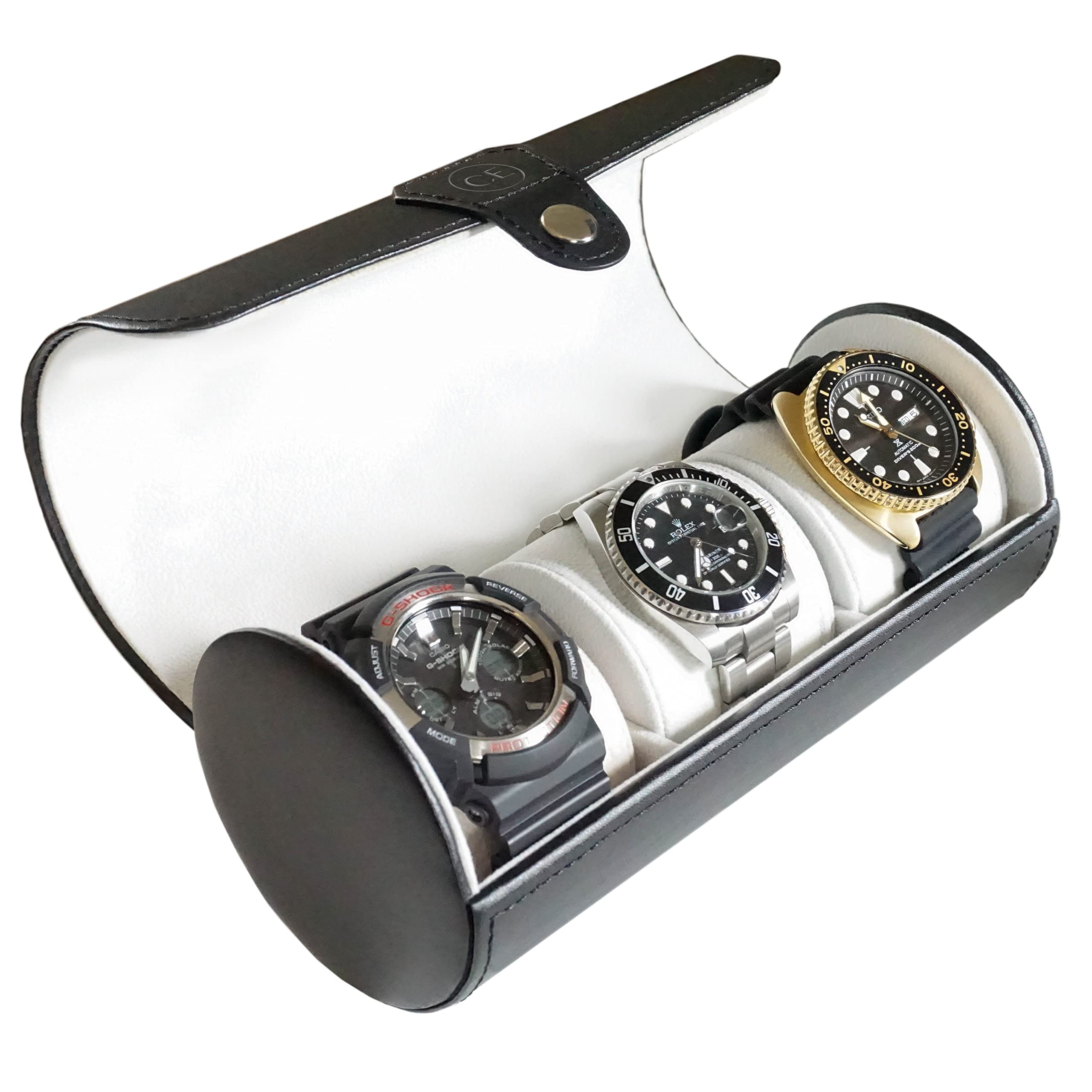 CASE ELEGANCE Travel Watch Case Roll Organizer for Men - 3 Watch Box & Vegan Faux Leather Watch Display Case - Mens Watch Holder, Storage & Travel Organizer - Black