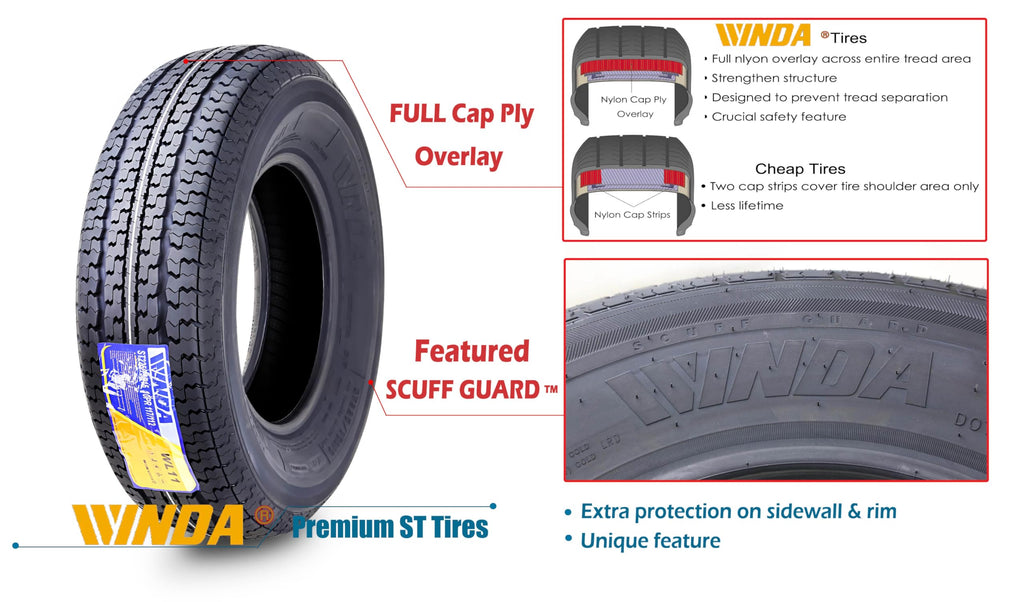 WINDA Trailer Tire Wheel Assembly ST205/75R14 8-Ply D 105L 5 Lug on 4.5" PCD Black Mod Rim