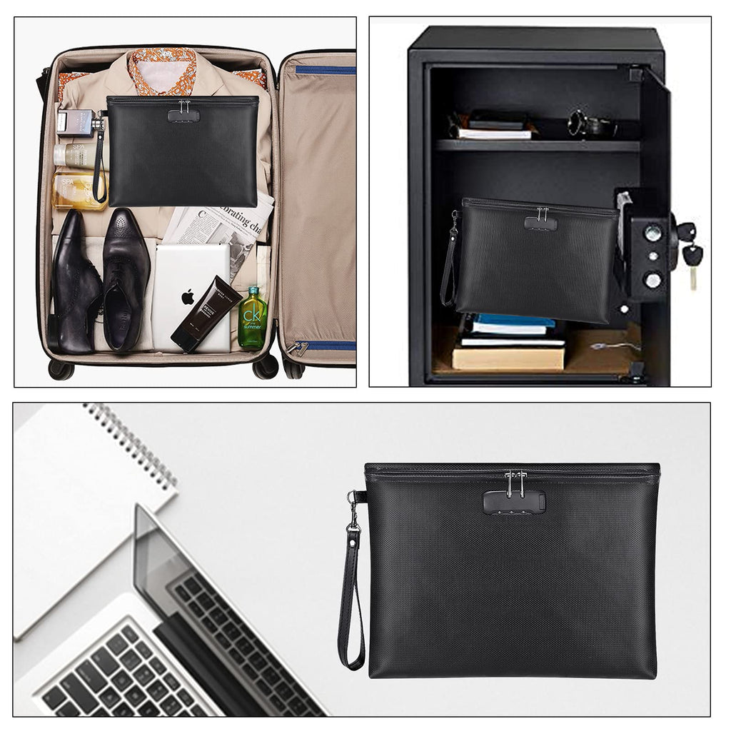 Fireproof Money Bag with Lock, 11.2"x7.6" Fireproof Cash Bag with Zipper Closure, Storage Pouch for A5 Size Document, Cheque, Cash, Cell Phone, Tablet, Credit Card, Passport, Jewelry (Black)