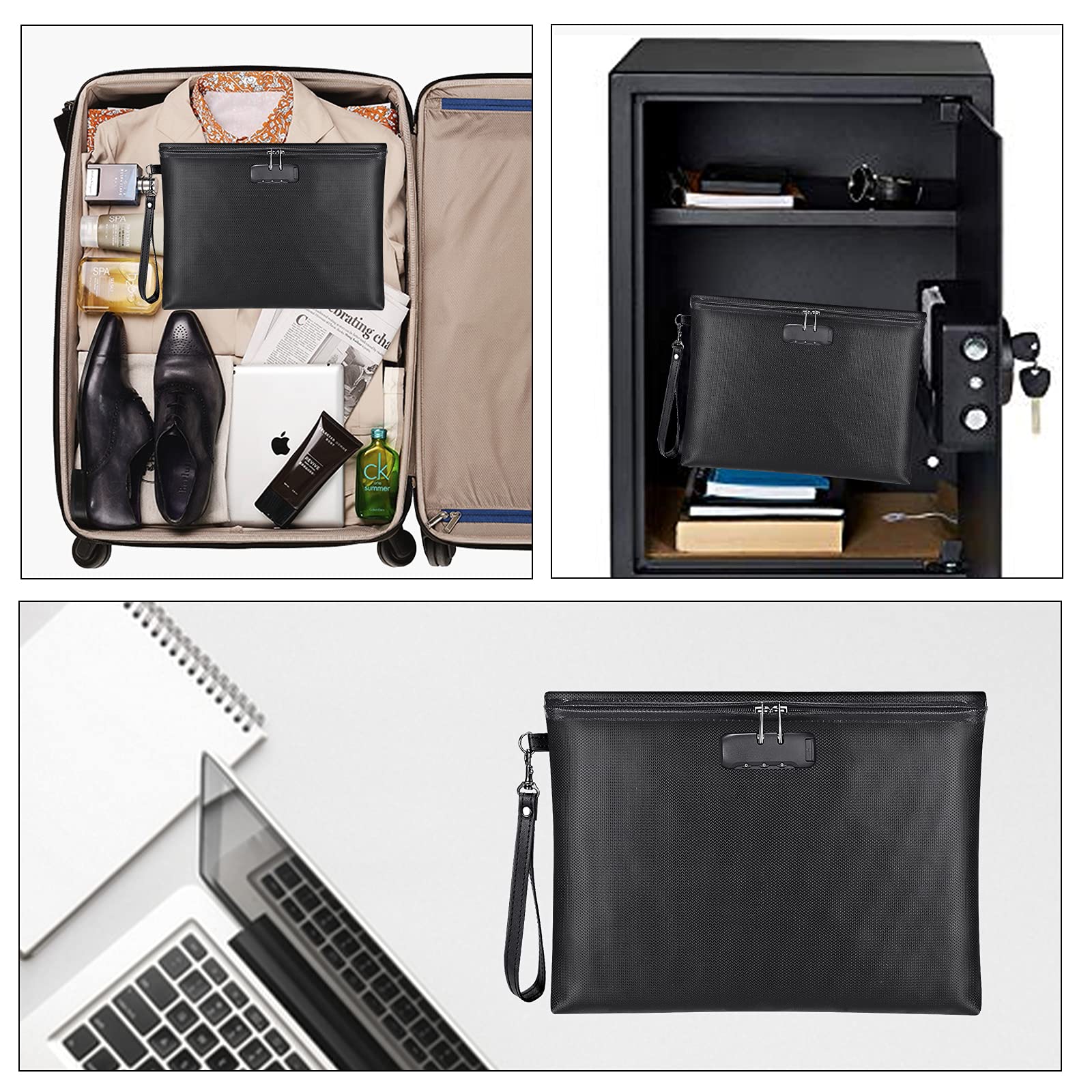 Fireproof Money Bag with Lock, 11.2"x7.6" Fireproof Cash Bag with Zipper Closure, Storage Pouch for A5 Size Document, Cheque, Cash, Cell Phone, Tablet, Credit Card, Passport, Jewelry (Black)