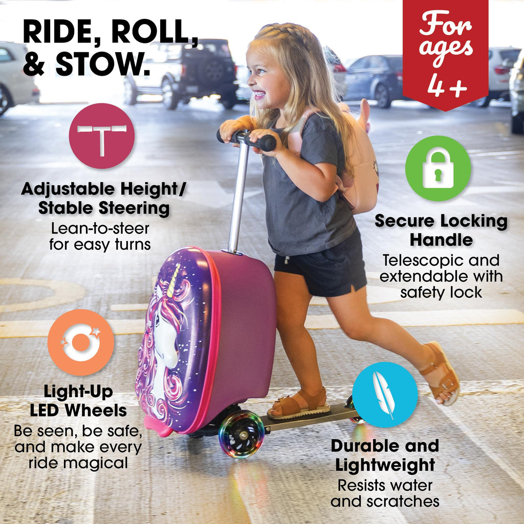 KIDDIETOTES Ride-On Scooter Suitcase for Kids – Hardside Lightweight Carry-On Luggage with Foldable Scooter, LED Wheels, Travel Fun for Toddlers & Children