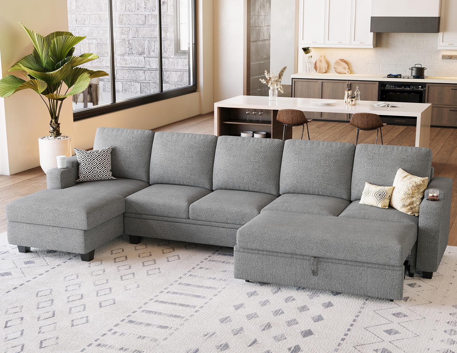Belffin Modular Sectional Sleeper Sofa Bed with Storage Chaise L Shaped Sectional Couches for Living Room Armrest with Cup Holder. White Couch