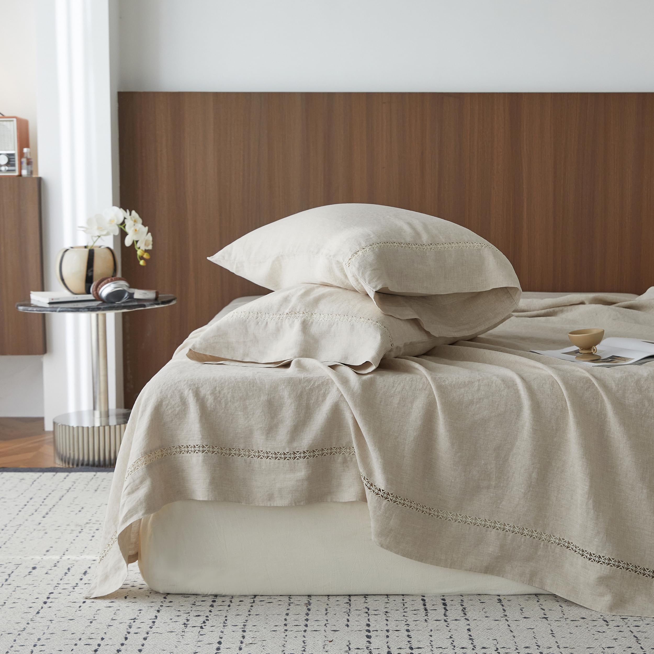 Simple&Opulence 100% Pure Linen Sheet Set Twin Size, Natural French Flax Solid Color 3 Pcs Washed Breathable, Farmhouse Bedding (1 Flat Sheet,1 Fitted Sheet,1 Pillowcase)-Embroidery Dark Grey