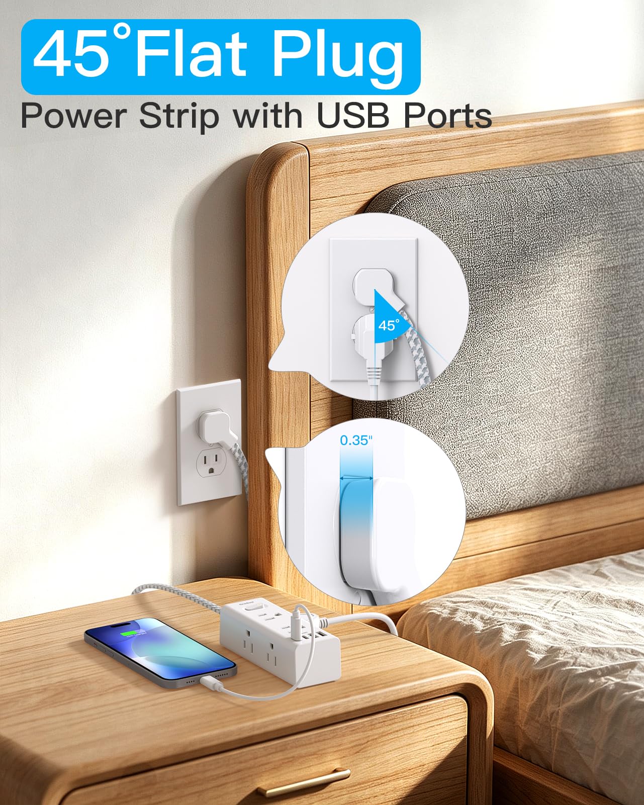 One Beat Short Extension Cord 1Ft, Flat Plug Power Strip Surge Protector - 6 Widely Outlets with 4 USB Ports (2 USB C), Wall Mount Small Power Strip for Travel, Home Office College Dorm Essentials