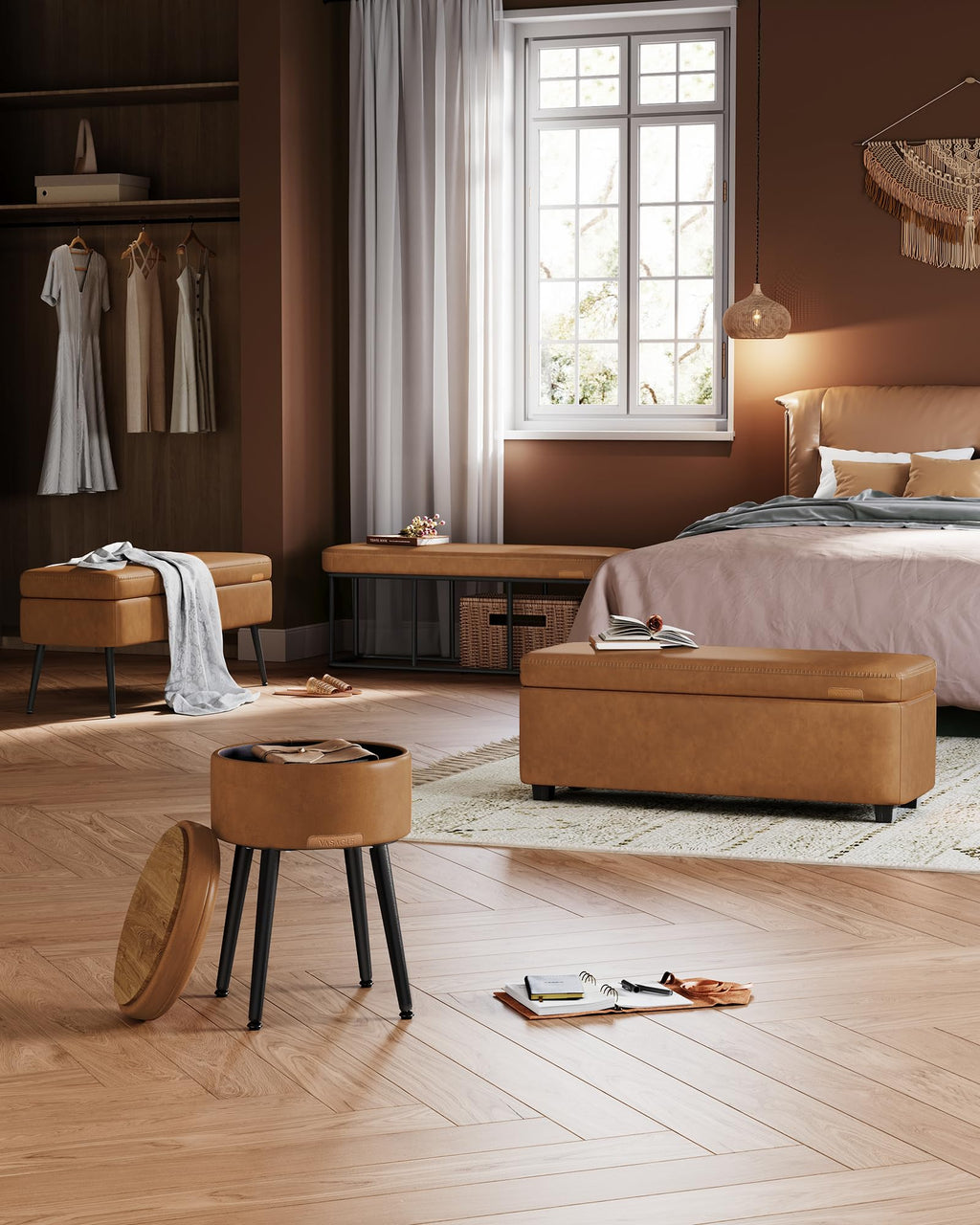 VASAGLE EKHO Collection - Storage Ottoman Bench, Entryway Bedroom Bench, 15 Gallons, Synthetic Leather with Stitching, Mid-Century Modern, Safety Hinges, Loads 660 lb, Caramel Brown ULOM074K01