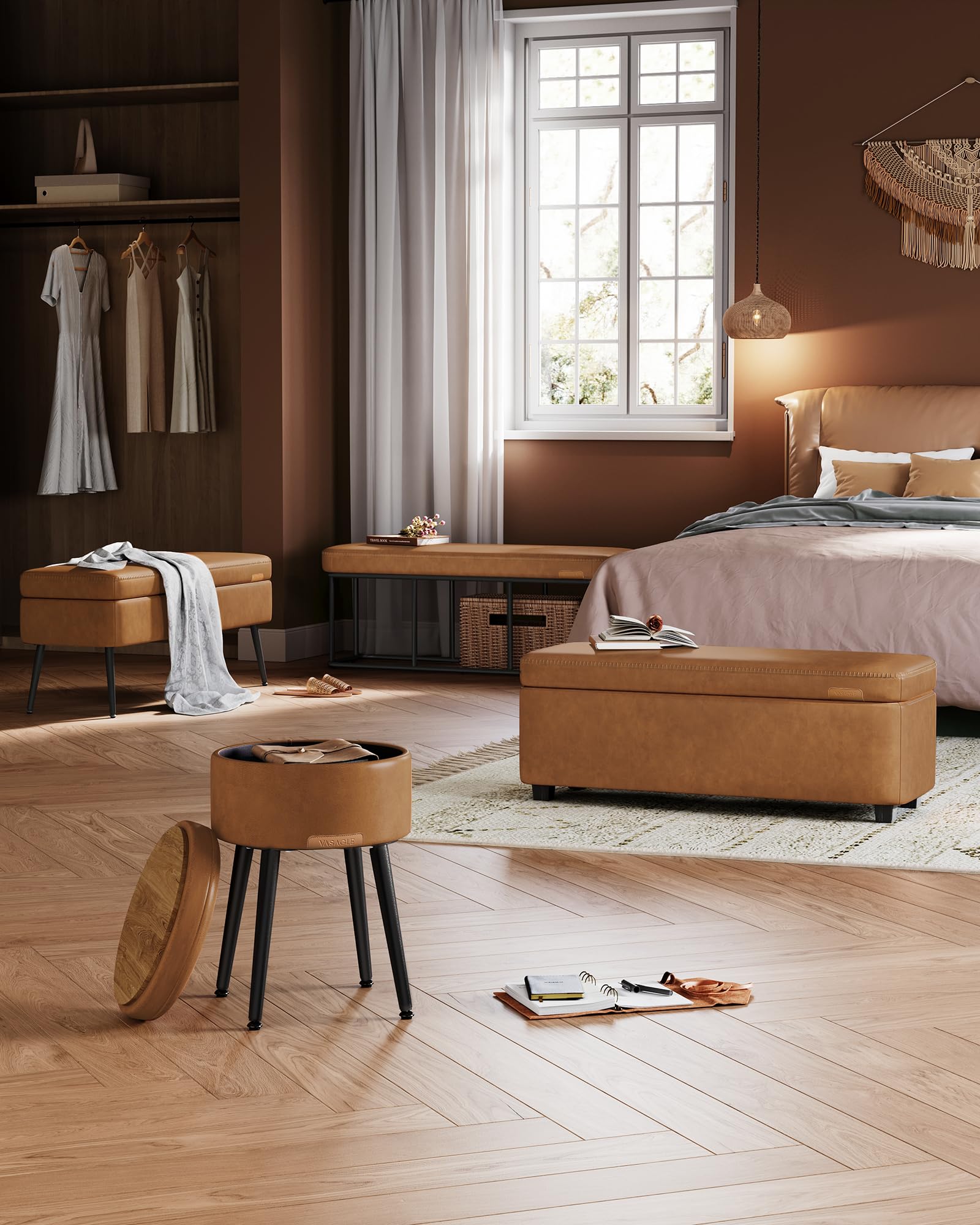 VASAGLE EKHO Collection - Storage Ottoman Bench, Entryway Bedroom Bench, 15 Gallons, Synthetic Leather with Stitching, Mid-Century Modern, Safety Hinges, Loads 660 lb, Caramel Brown ULOM074K01