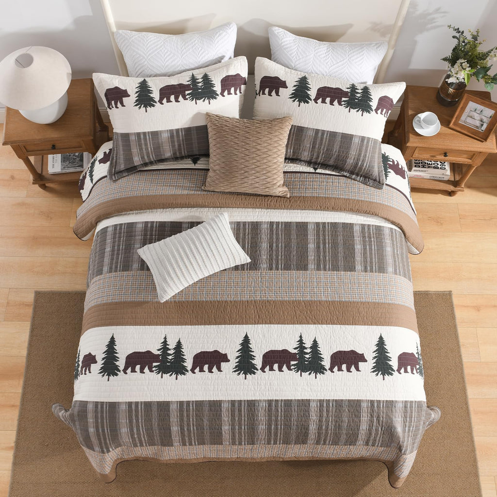Y-PLWOMEN 100% Cotton Farmhouse Plaid Lightweight 3-Pieces Quilt Set (Blue Brown, Queen90 * 98 Inch)
