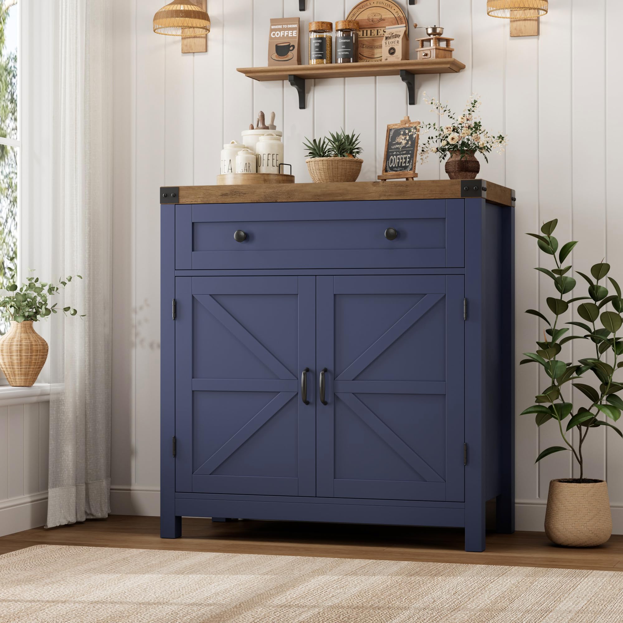 HOSTACK Coffee Bar Cabinet, Kitchen Storage Cabinet, Modern Farmhouse Buffet Sideboard with Drawer and Adjustable Shelf, Barn Door Accent Cabinets for Kitchen, Dining Room, Entryway, Ash Grey