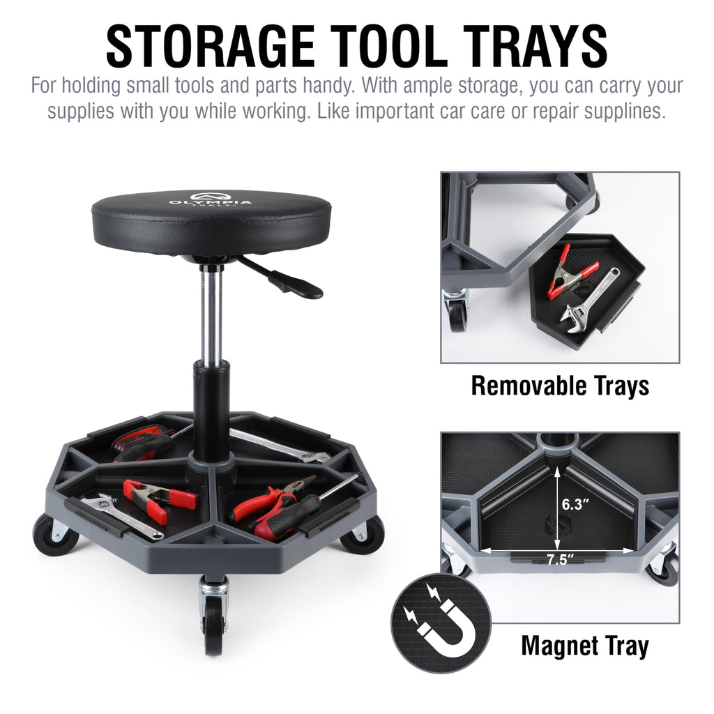 Olympia Tools Adjustable Hydraulic Rolling Mechanics Stool with with Removable Tool Tray, 300lbs Max Weight Capacity, 419-110-1002