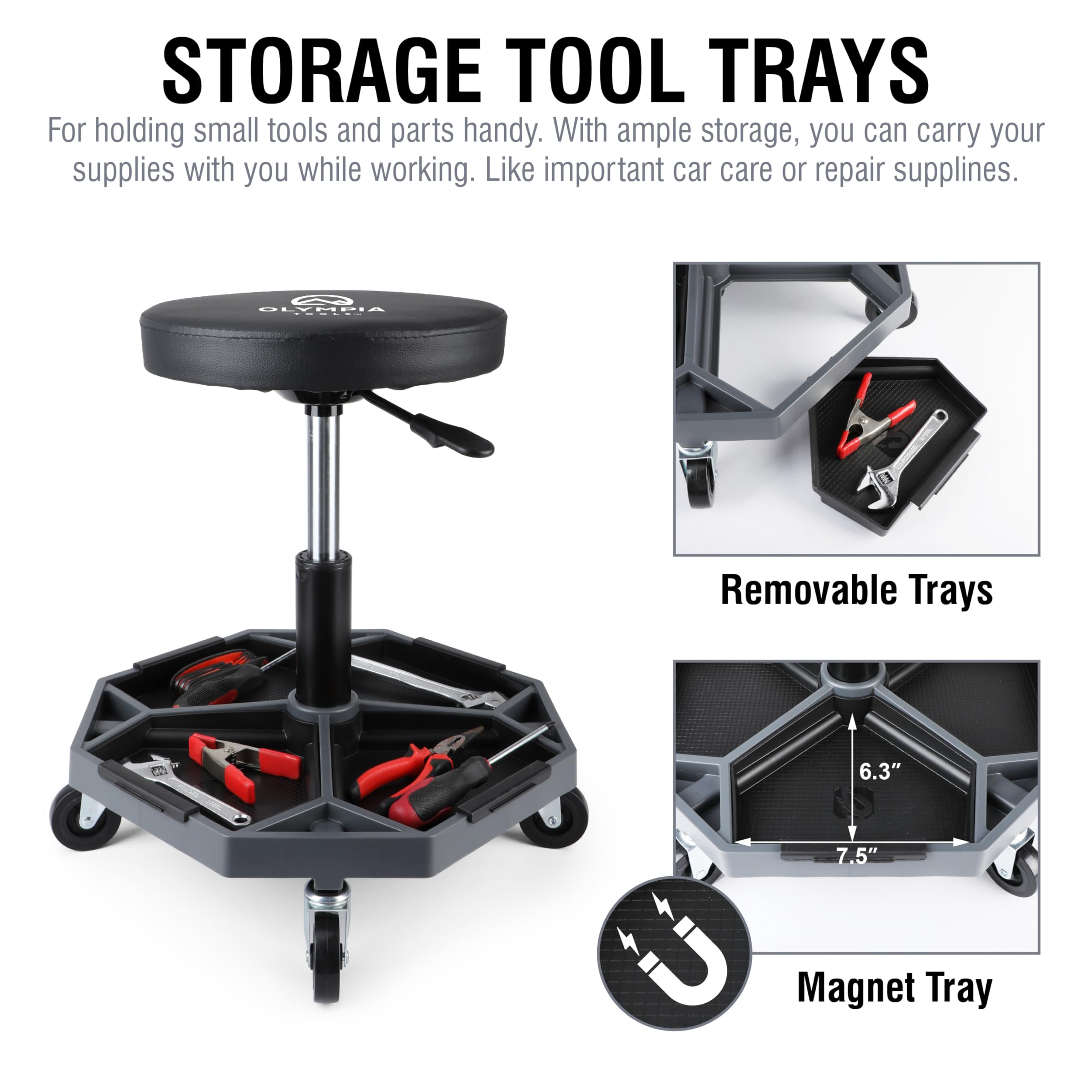 Olympia Tools Adjustable Hydraulic Rolling Mechanics Stool with with Removable Tool Tray, 300lbs Max Weight Capacity, 419-110-1002