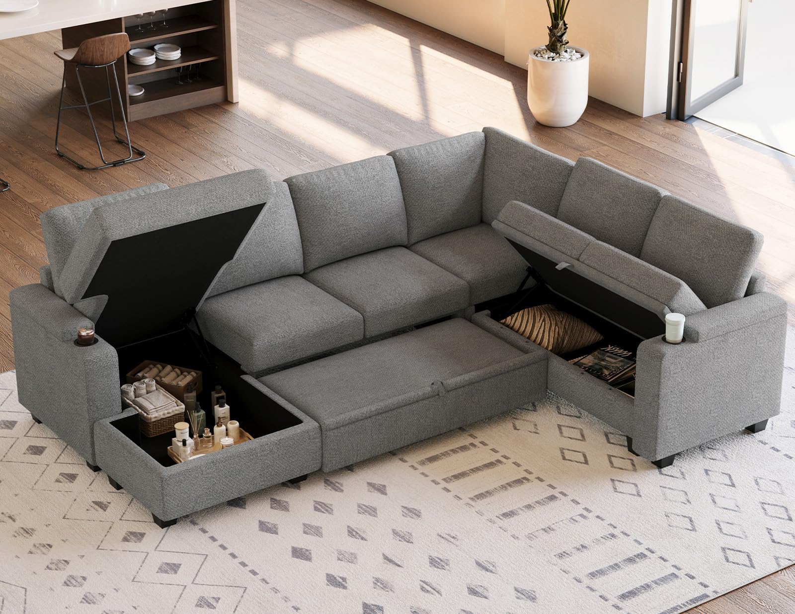 Belffin Modular Sectional Sleeper Sofa Bed with Storage Chaise L Shaped Sectional Couches for Living Room Armrest with Cup Holder. White Couch