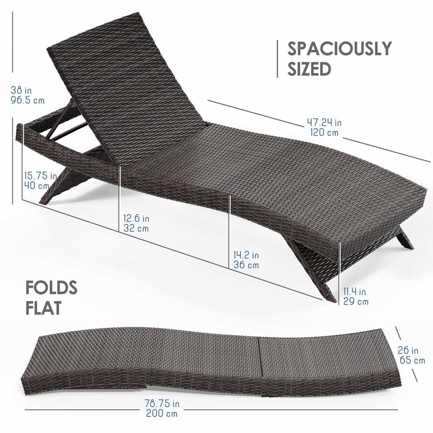 Nestl Chaise Lounge Chair Outdoor Set of 2, Wicker Patio Lounge Chair, Outdoor Lounge Chair with Reclining Backrest