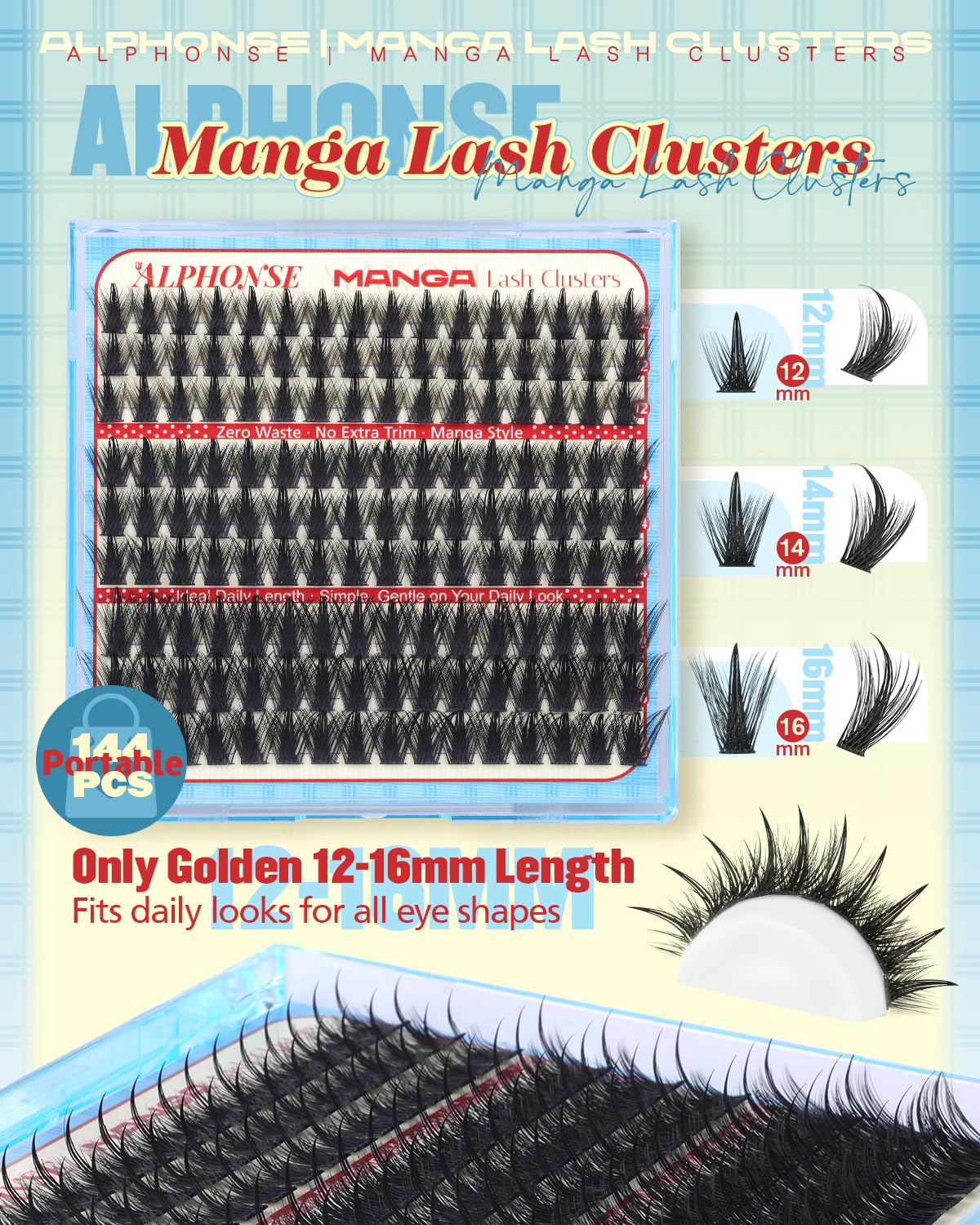 ALPHONSE Lash Clusters Manga Cluster Eyelash Extensions Wispy C Curly Individual Lashes Anime Eyelash Clusters 12-16mm Lash Extension Spiky Cluster Lashes DIY Eyelash Extensions 144 PCS Fairy Lashes