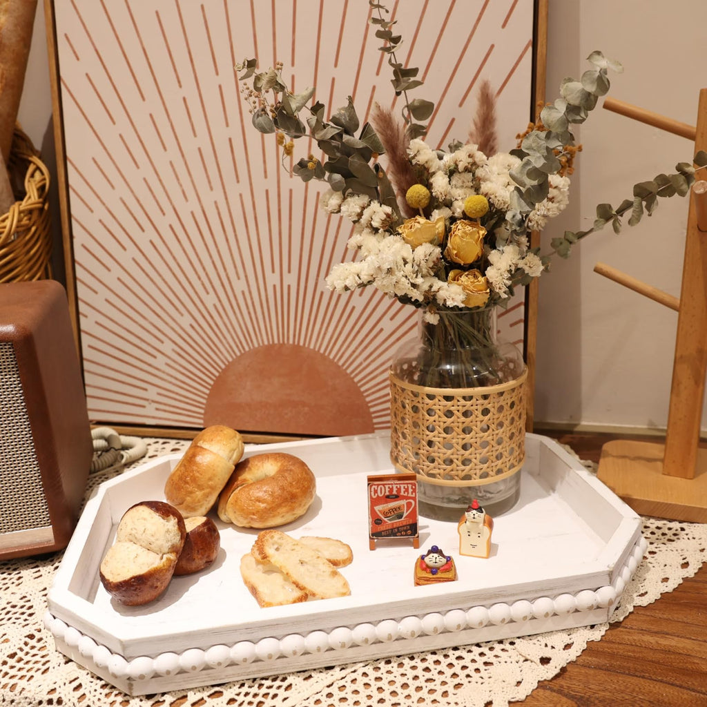 Hrastany Wood Rustic Serving Tray with Beads, Farmhouse Black Decorative Tray for Table Centerpiece, Christmas Wedding Halloween Home Decor
