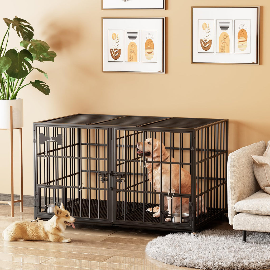 Dosker 42 inch Heavy Duty Metal Dog Crate with Divider for 2 Dogs/Large Dog, All Metal Open Top Escape Proof Cage, Indoor Dog Kennel with Wheels, Floor Grid, Tray, Feeding Bowl