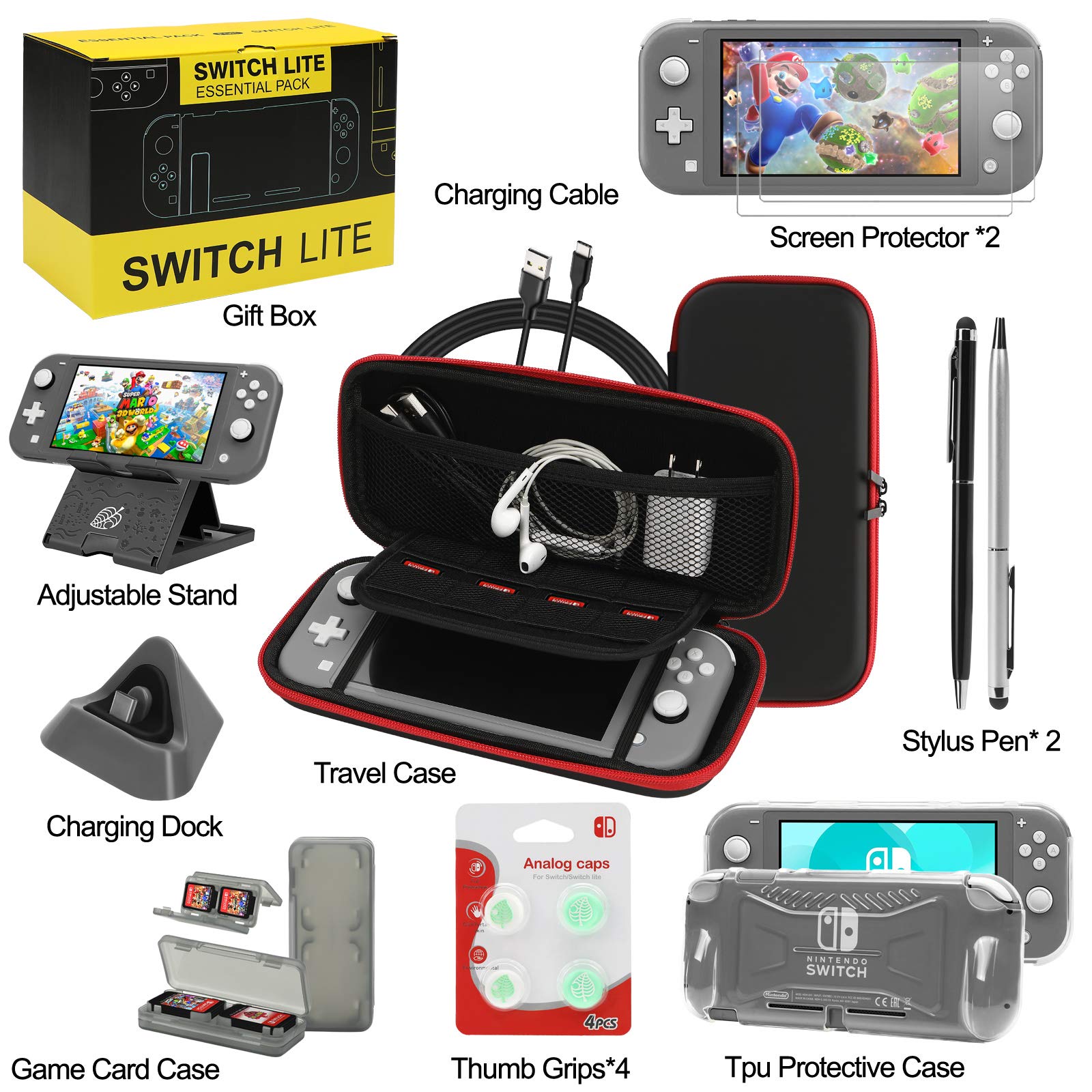 Switch Lite Accessories Bundle, Kit with Carrying Case,TPU Case Cover with Screen Protector,Charging Dock,Playstand, Game Card Case, USB Cable, Stylus,Thumb Grip Caps for Nintendo Switch Lite (Black)