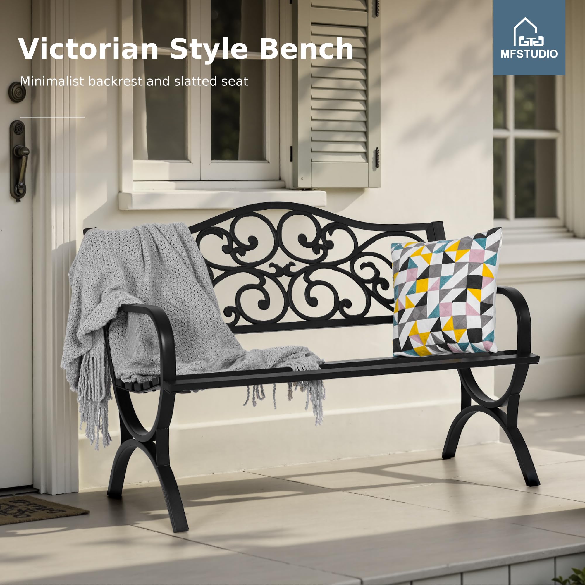 MFSTUDIO 50 Inches Outdoor Garden Bench, Cast Iron Metal Frame Patio Park Bench with Floral Pattern Backrest, Arch Legs for Porch Lawn Garden Yard(Black)