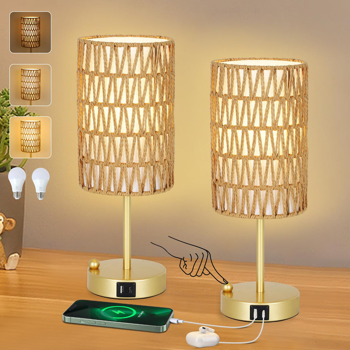 Rattan Bedside Table Lamps Set of 2 - Boho Lamps With 3 Color Temperatures & USB AC Port, Pull Chain Table Lamp For Bedroom, Cute Small Lamp For Nightstand Office Desk Bed Side End Table Living Room