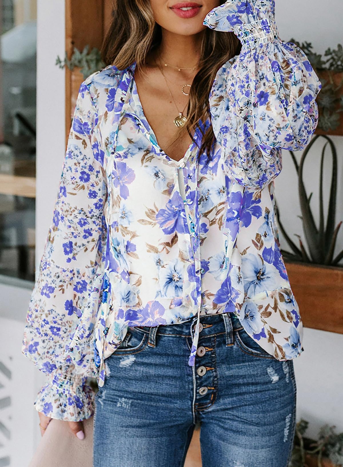 Biucly Women's Casual Boho Floral Print V Neck Long Sleeve Drawstring Tops Loose Blouses Button Down Shirts