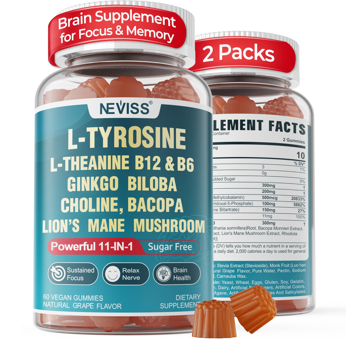 Sugar Free L-Tyrosine Gummies 300mg L-Theanine 200mg Vitamin B6 100mg & B12 500mcg, Brain Health Herbs 300mg w/Ginkgo Biloba, Rhodiola Rosea, Lion's Mane Mushroom for Sustained Focus & Energy, 1Pack