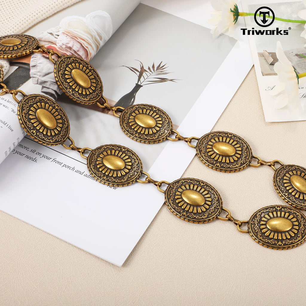 TRIWORKS Western Concho Belt for Women – Gold Chain Cowgirl Boho Belt for Dresses, Jeans & Country Concerts