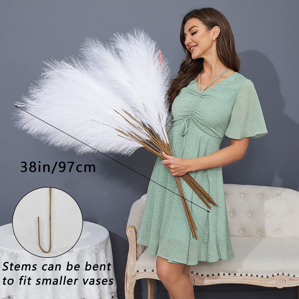 FOTEEWL 8 PCS Faux Pampas Grass Decor 38"/3.1FT Tall Fake Pompas Floral Large Artificial Pompous Grass Branches Plants for Floor Vase Filler Home Boho Decoration (Cream/Beige)