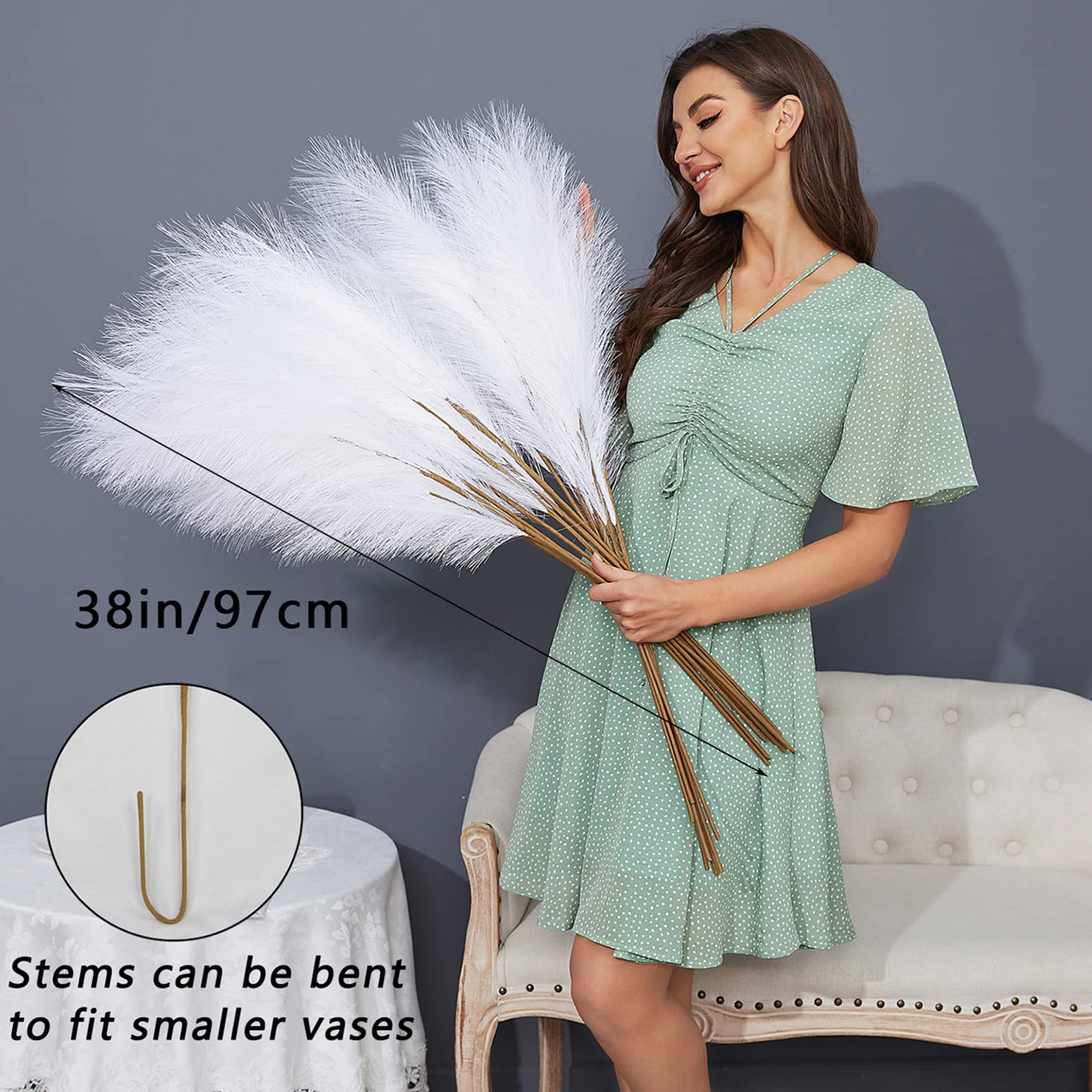 FOTEEWL 8 PCS Faux Pampas Grass Decor 38"/3.1FT Tall Fake Pompas Floral Large Artificial Pompous Grass Branches Plants for Floor Vase Filler Home Boho Decoration (Cream/Beige)