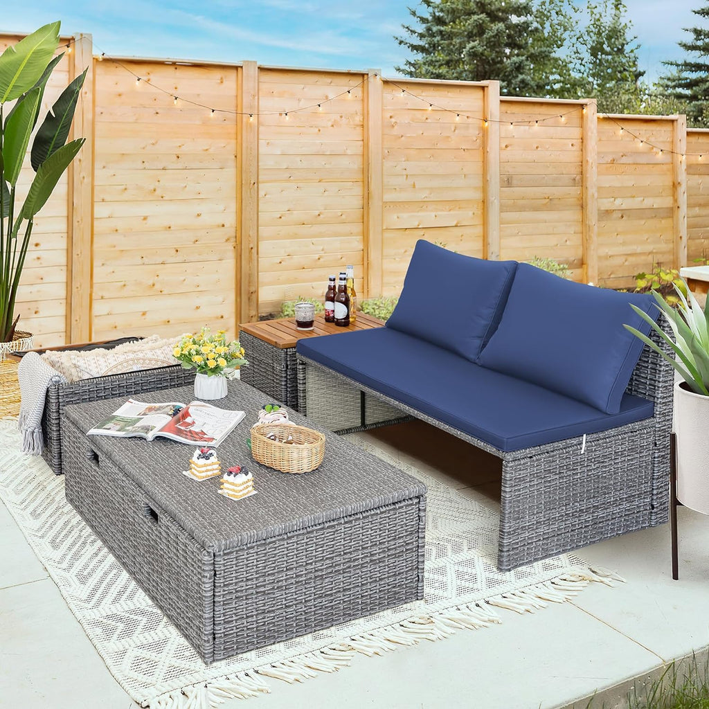 Devoko Outdoor Daybed Set Multifunctional Patio Day Bed Rattan Lounge Bed with 2 Side Tables for Backyard Porch Poolside Lawn Beach (Beige White)