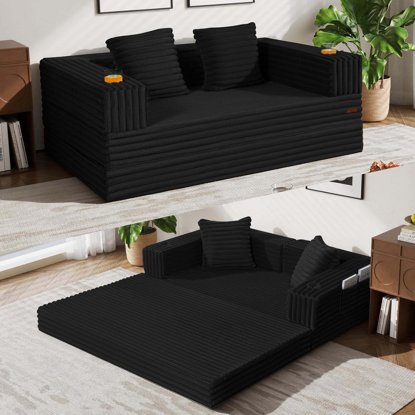 COMAX Futon Sofa Bed, 4‑in‑1 Convertible Sofa Bed, Folding Boneless Couches | Boneless Couch for living room, Fold Out Small Foldable Loveseat Floor Sleeper Mattress Lounge Space‑Saving, Ash Gray