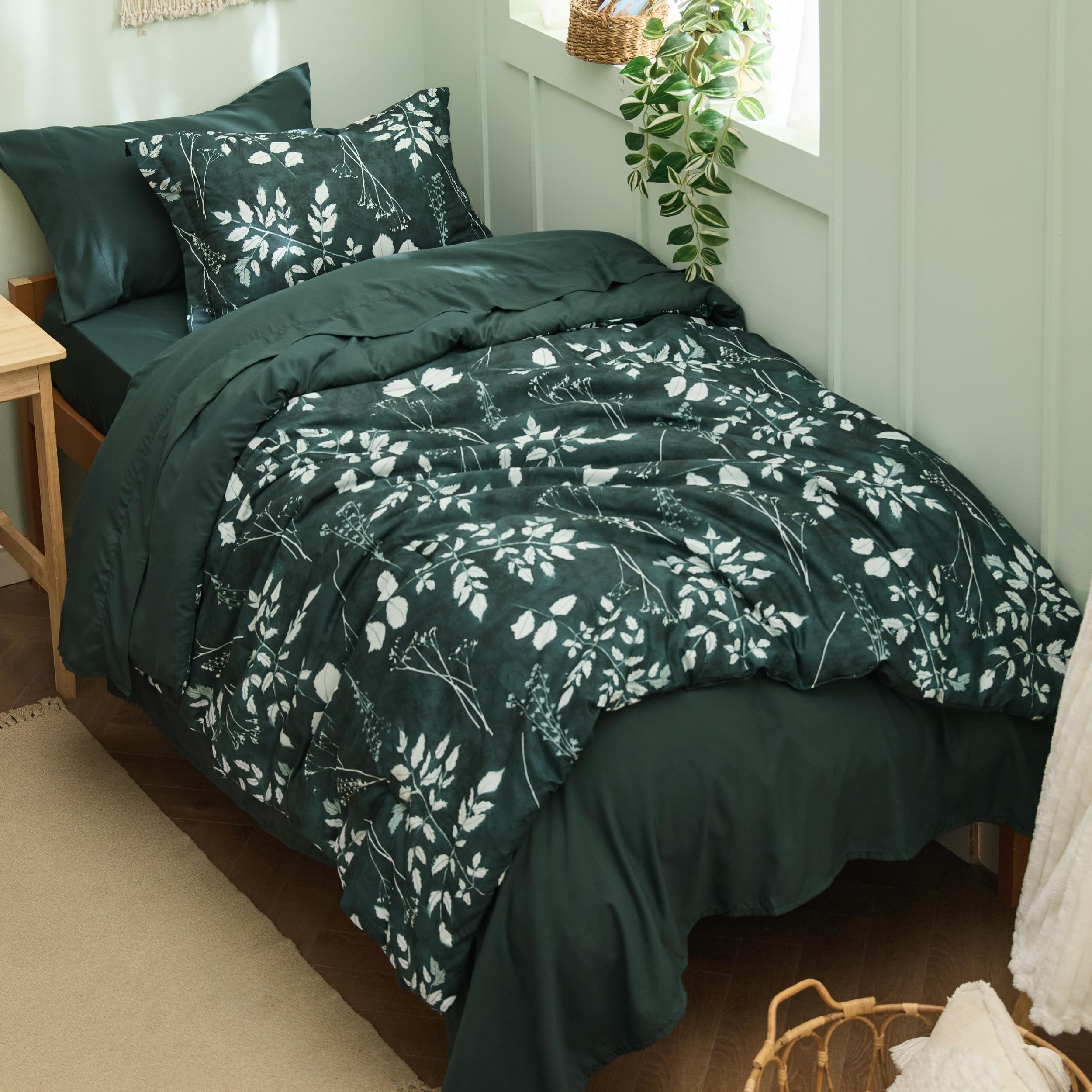 Bedsure Twin Comforter Set - 5 Pieces Floral Sage Green Soft Bedding Sets, Twin Bed in a Bag with Botanical Flowers Comforter, Sheets, Pillowcase & Sham