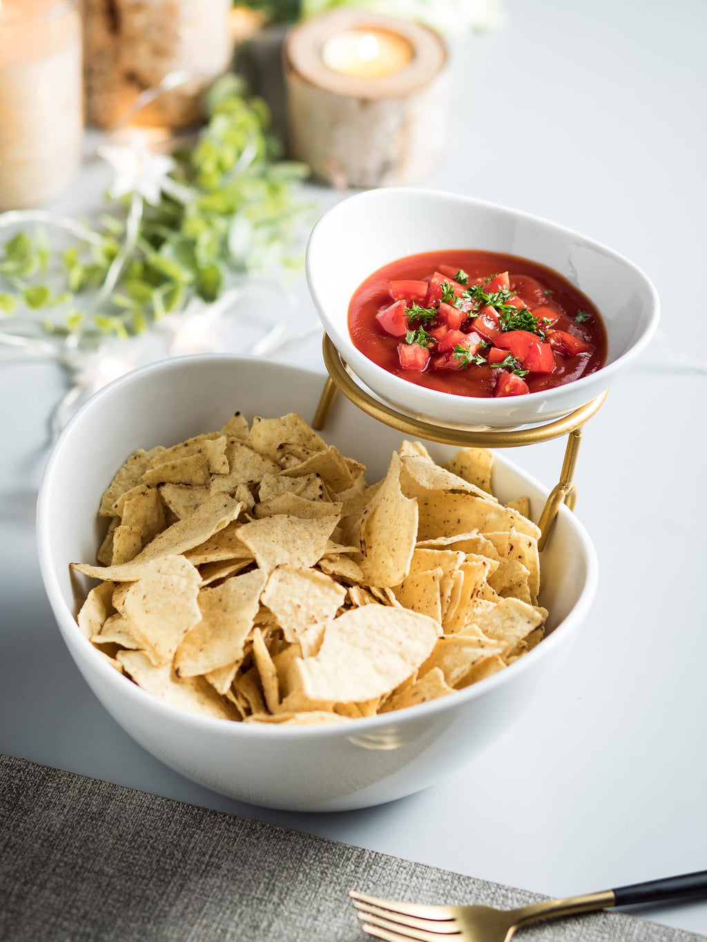 Miamolo 3 Tier Serving Bowls with Stand for Entertaining Party | Ceramic, Chip and Dip Set | Food Display for Fruit Salad Snacks | Space-saving Storage | Microwave & Dishwasher Safe