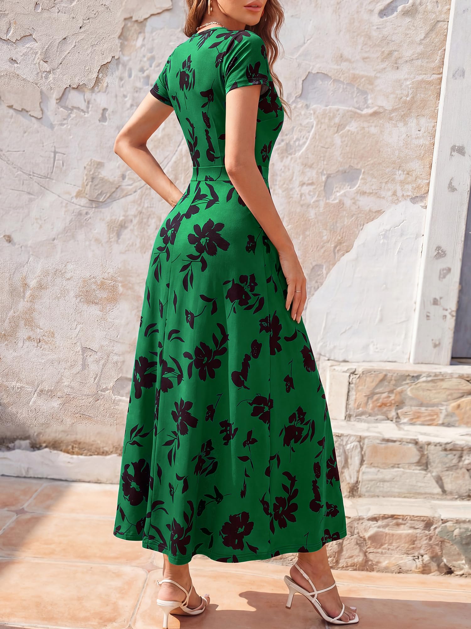 HUHOT Women's Short Sleeve Wrap V Neck Dresses for Wedding Guest Summer Floral Maxi Sundresses with Pockets Boho Dress