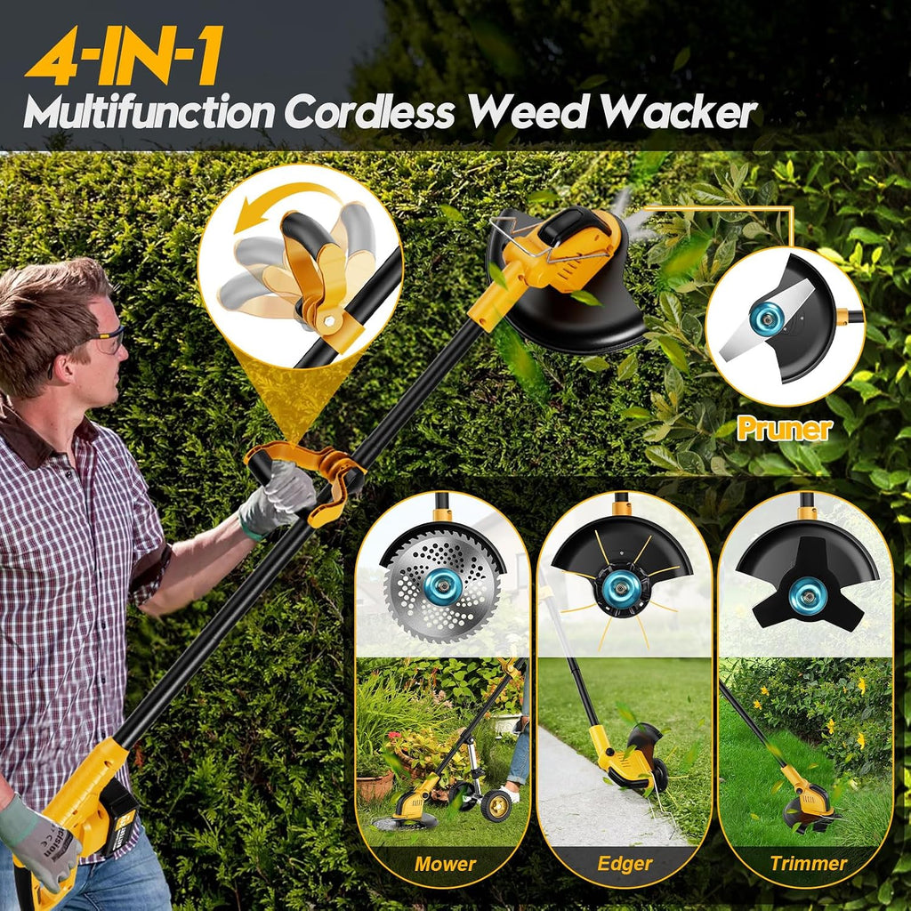 Cordless Weed Eater Battery Powered 6000mAh, 4-in-1 Brush Cutter Heavy Duty/Weed Trimmer/Lawn Mower Edger W/Wheel Metal Blade, 2 Battery Garden Yard Tool