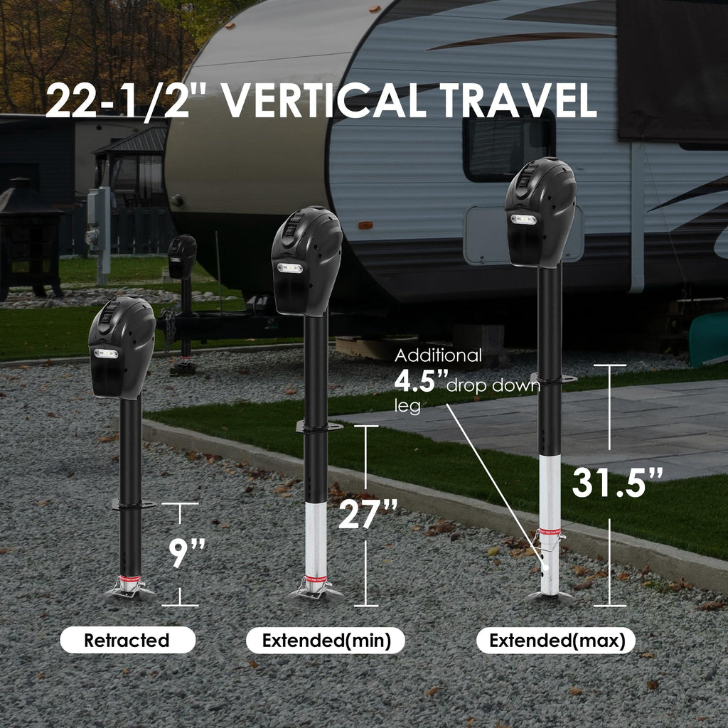 POLESTAR Electric Trailer Jack, 3500lbs Electric Power A- Frame Tongue Jack with Waterproof Protective Cover & LED Light for Travel Trailer Camper, RV, 12V DC with Hard Wiring, 9"-27" Lift
