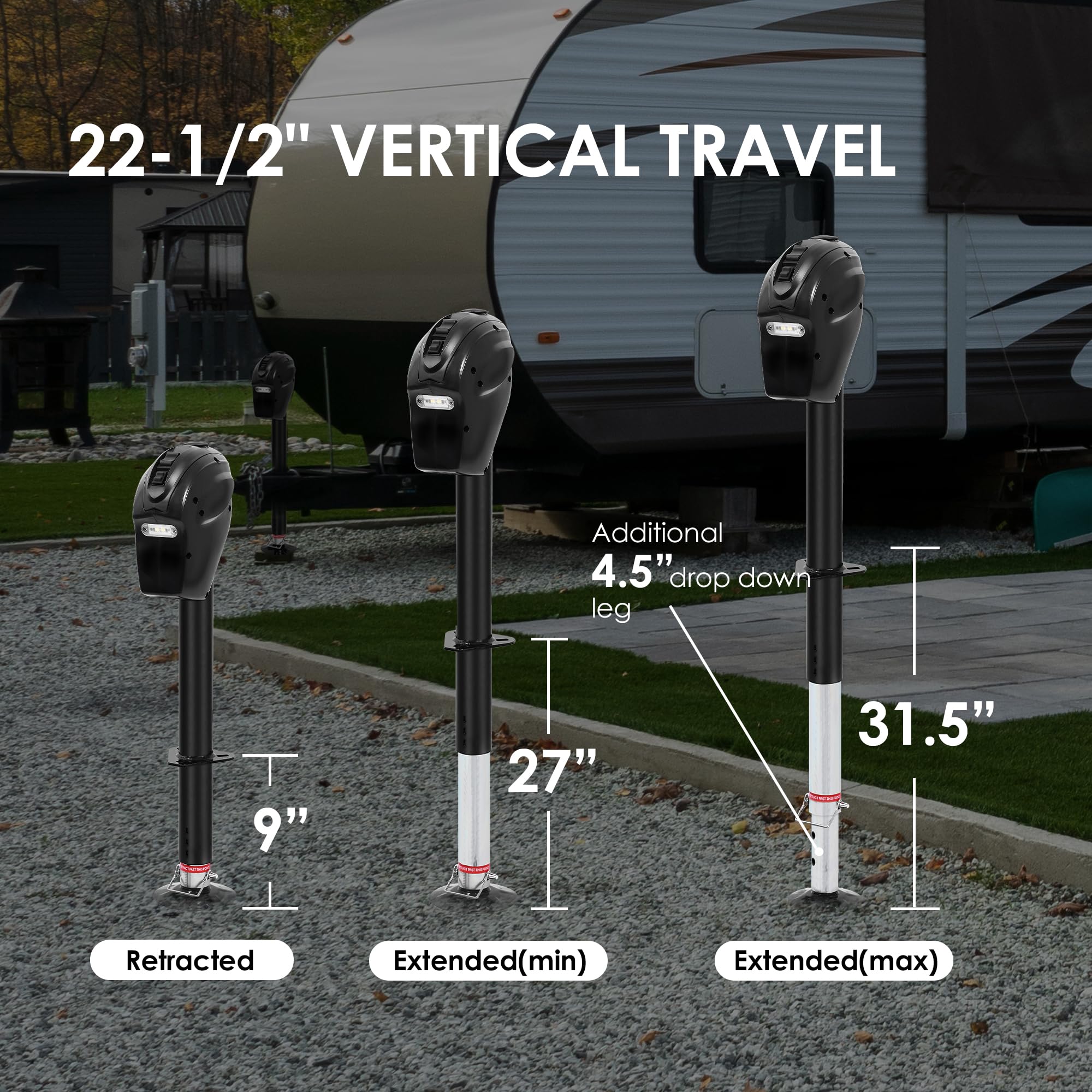 POLESTAR Electric Trailer Jack, 3500lbs Electric Power A- Frame Tongue Jack with Waterproof Protective Cover & LED Light for Travel Trailer Camper, RV, 12V DC with Hard Wiring, 9"-27" Lift