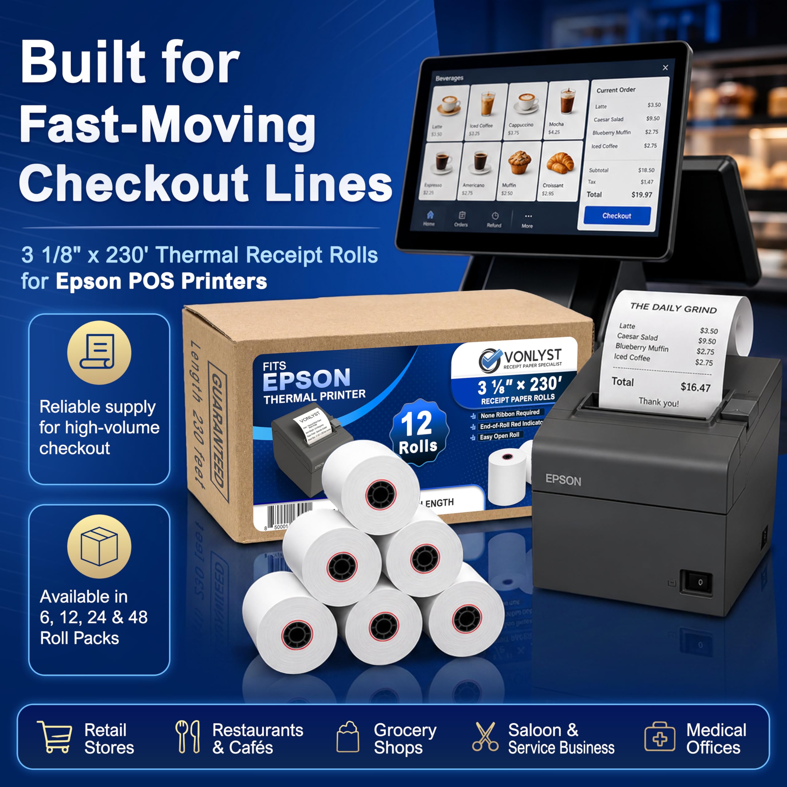 3 1/8 x 230 Thermal POS Rolls for Epson Printers, BPA Free Thermal Printing Compatible with TM-T88 TM-T70 TM-T80 TM-T85 TM-H6000 T90 Series, Credit Card Machine & POS Printer Supplies, Pack of 12
