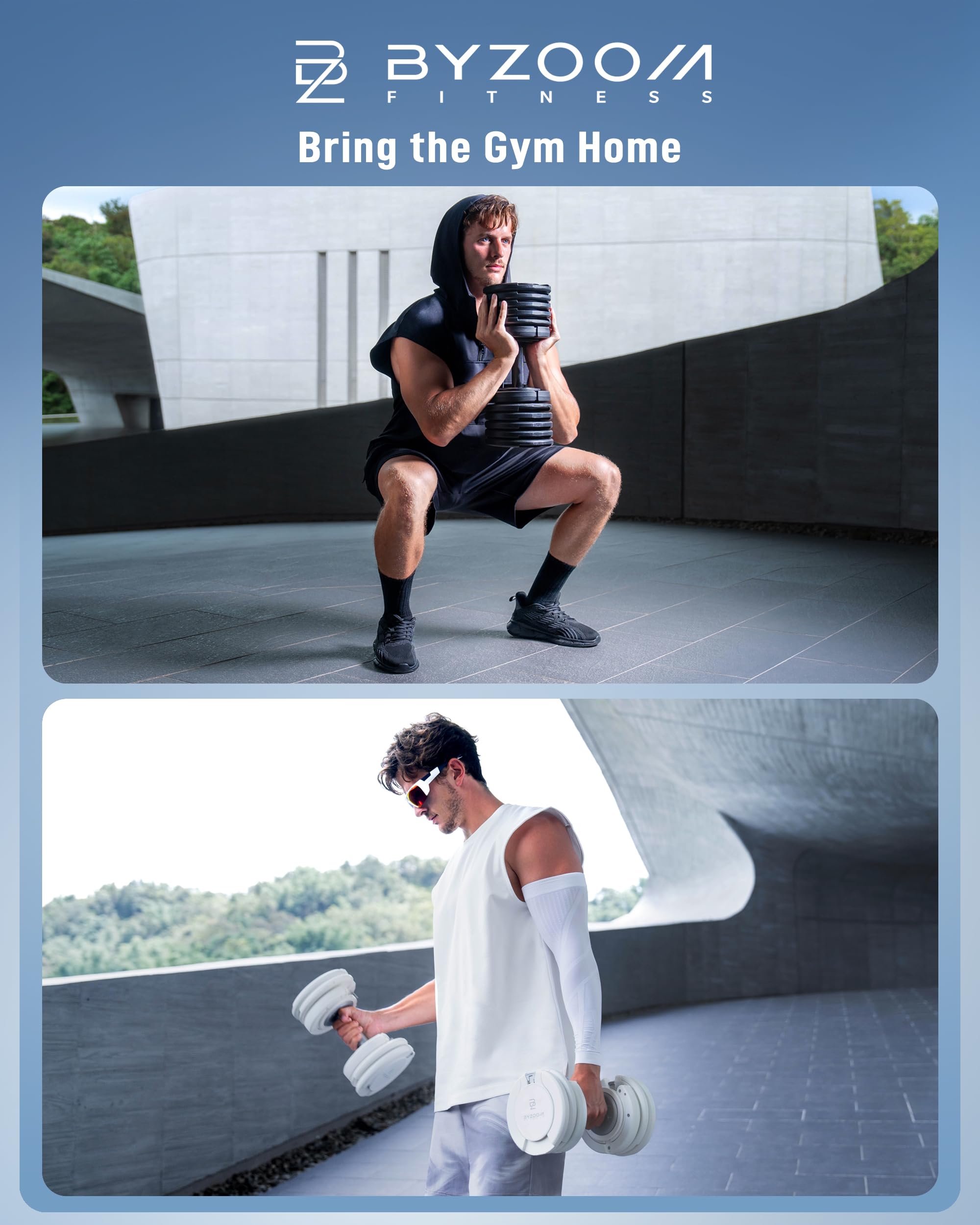 BYZOOM FITNESS Pure Series Adjustable Dumbbell - 12.5/25/27.5/50/55/75lb - ONE UNIT OR PAIR(check QTY before purchase) - 5-in-1/ 10-in-1 / 15-in-1 / 21-in-1 Flexible Hand Weights for Home Apartment Garage Gym, Strength Training & Fitness Workouts, White O