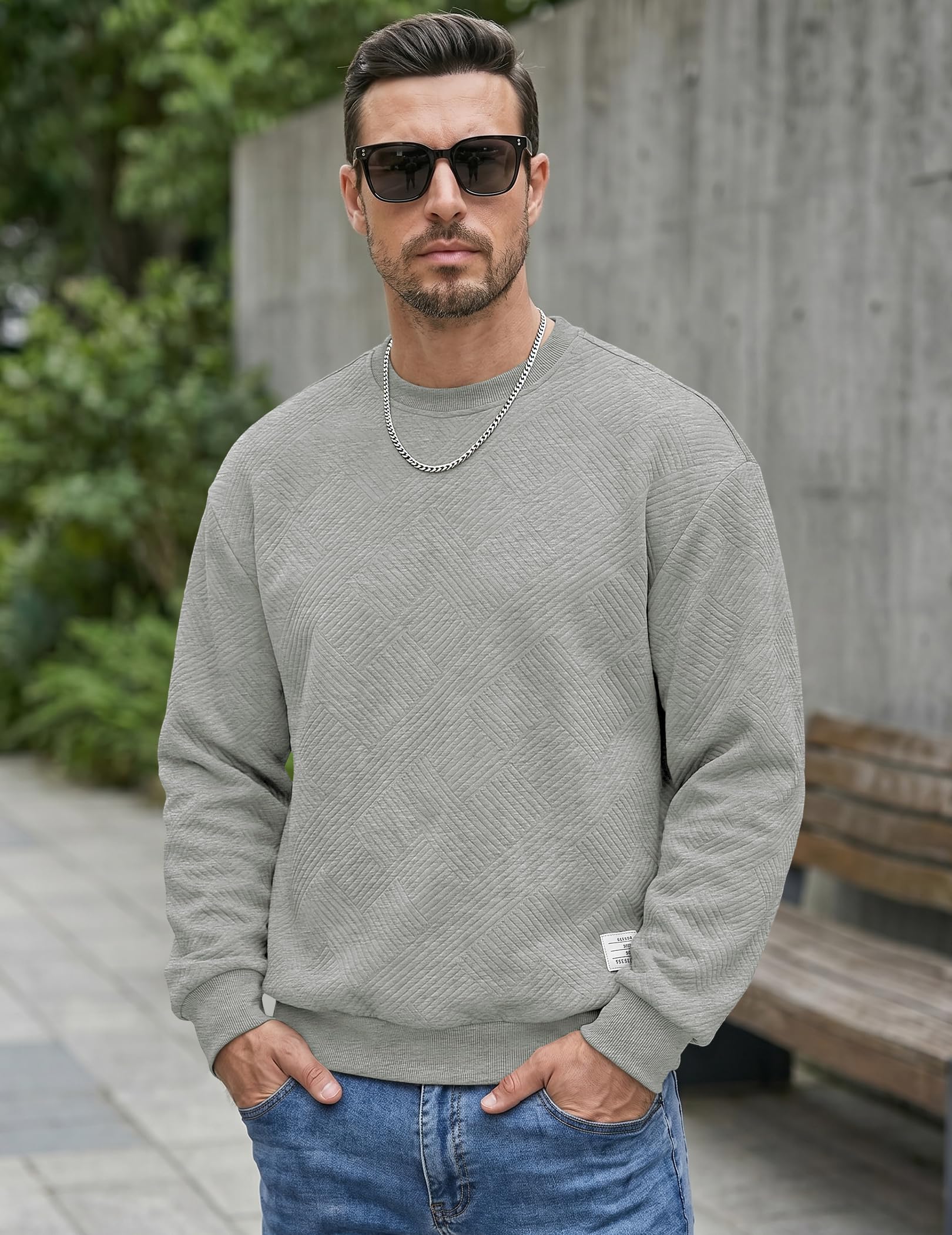 Dokotoo Men Men's Crewneck Sweatshirts Soild Color Geometric Texture Long Sleeve Casual Pullover Shirt